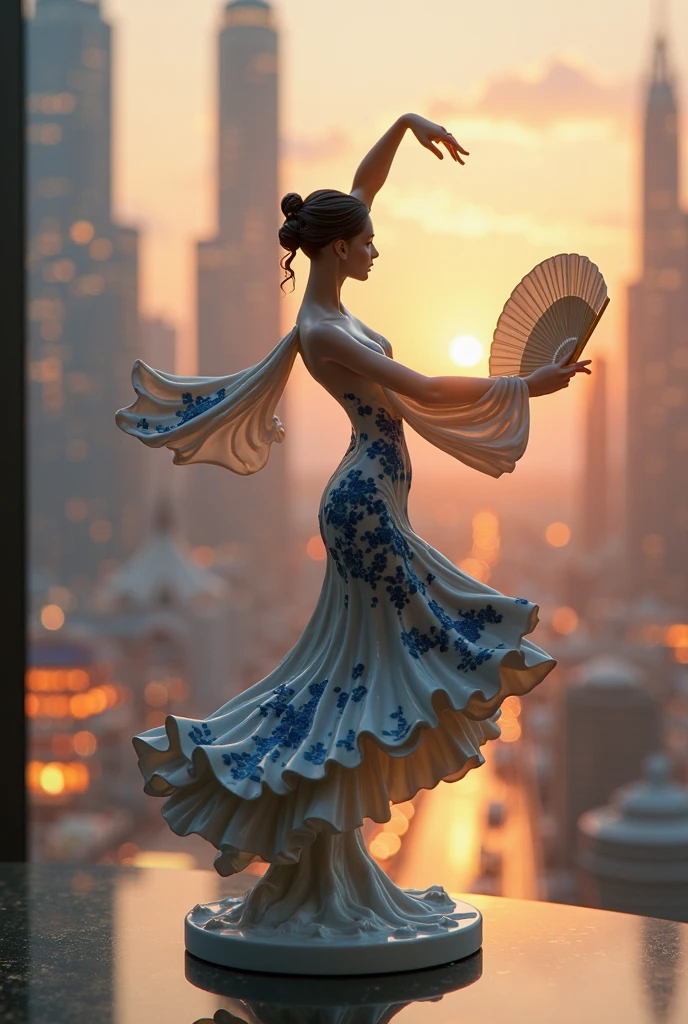 (dancing glass woman sculpture with flowing tango skirt:1.2) with condensation and refreshing beauty in the bombastic with smoke and the sunset shining you a happy dusk, high detail high definition photograph or immense resolution and intricate captures, dogde and burn style professional photo grading, sharpened, and material surface properties