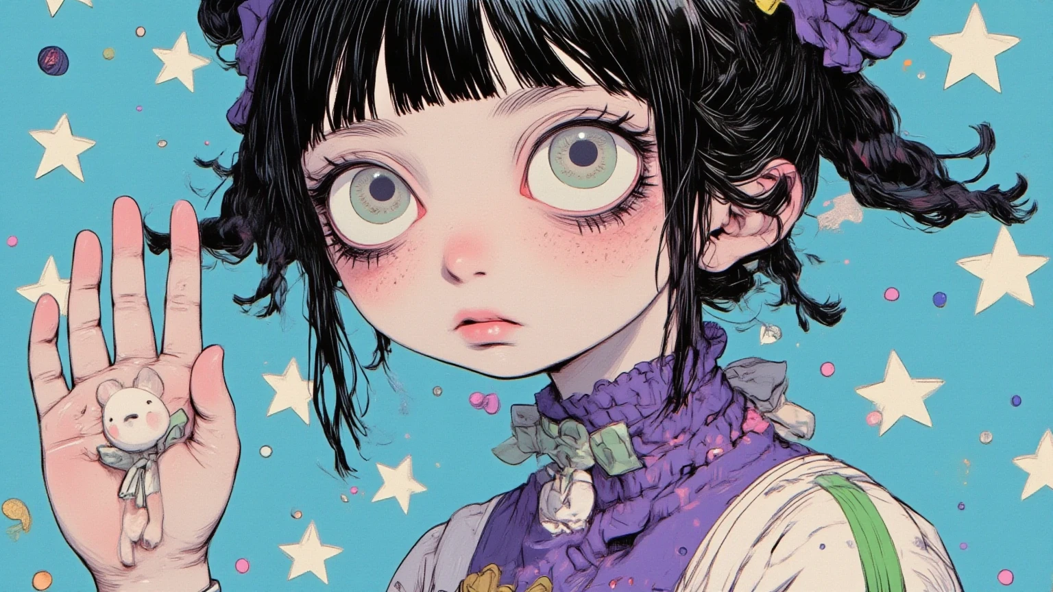 Character, girl, abstract expression, black hair with bangs, large black eyes, purple simple dress color, purple dress with ribbon details, green and purple striped leggings, holding a white teddy bear in one hand, dynamic pose with one leg raised, side view, playful and lively atmosphere, bright blue background with white polka dot pattern, flat and colorful illustration style, high-contrast colors, digital art, one girl, screen print inspired by graffiti, blacklight velvet poster, Gary Baseman-inspired details, detailed close-up, additional details, close-up shot, sinister realm magical painting vibe, Dan DeCarlo’s art style, mid-close-up.