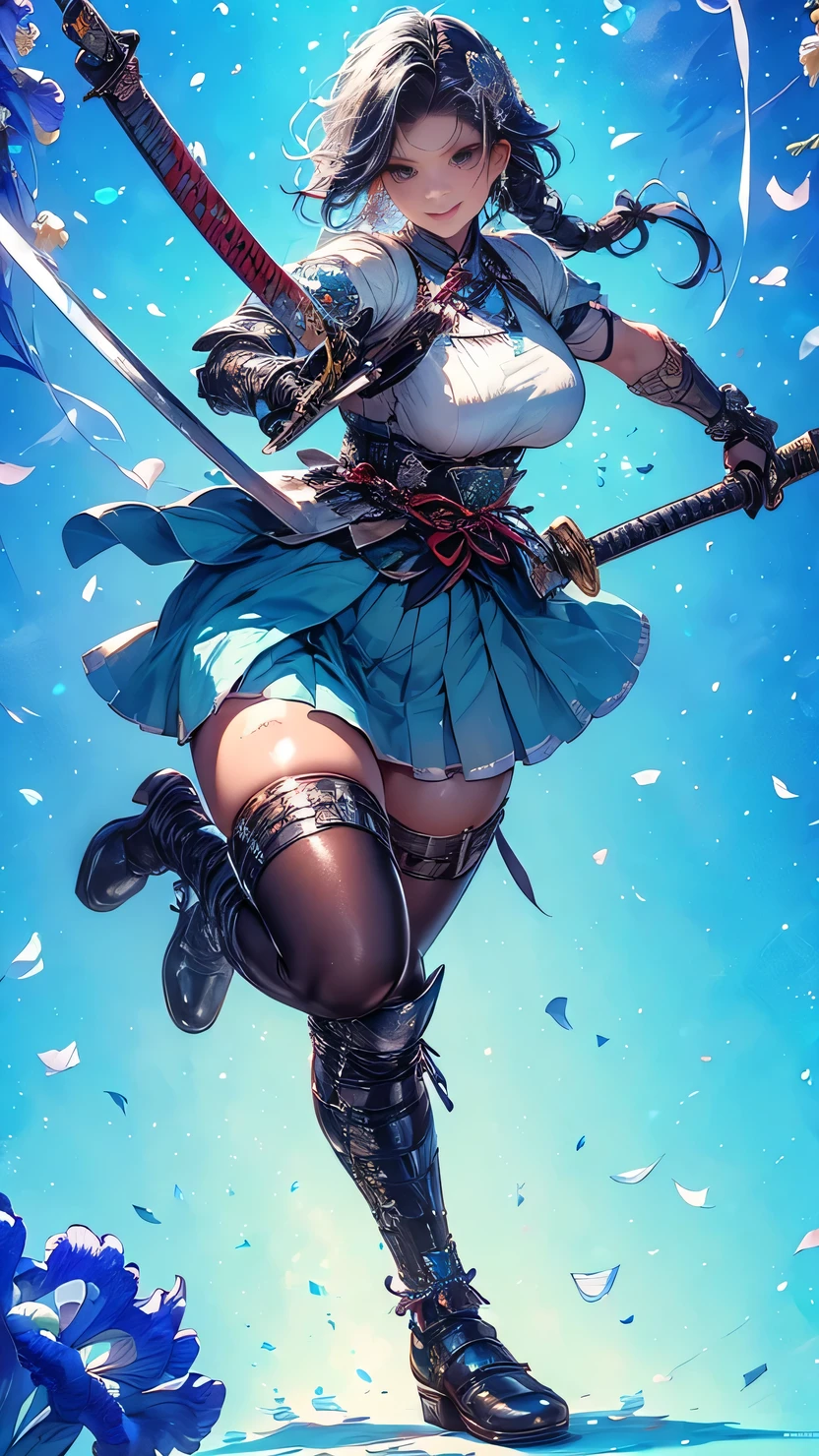 young woman,1 person,Oiran,(wielding a katana with great force:1.6), very detailedな,(seductive smile),(from front:1.3),(full body:1.6),(battle pose:1.8), Brilliant Appearance ,extremely detailed, Imaginative,sensual ,Best Quality, skin texture,(Milkmaid braid:1.8),(black hair:1.8),muscular,(huge breasts:1.3),(underboob),( Samurai armor:1.8),(black cloak),(gypsy skirt),(garter belt),(black tights,zettai ryouiki),absolute region with to,Intricate Details ,crepuscular rays:1.3,(aquamarine background:1.6),(Iris flower confetti:1.6),( Iris in full bloom:1.6), RAW photos , 8k, masterpiece, Best Quality,ultra detail,very detailed, Intricate Details ,high resolution,超Intricate Details,very detailed 8k cg wallpaper,