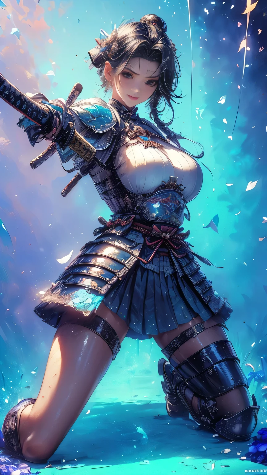 young woman,1 person,Oiran,(wielding a katana with great force:1.6), very detailedな,(seductive smile),(from front:1.3),(full body:1.6),(Squat and spread your legs:1.6),(battle pose:1.8), Brilliant Appearance ,extremely detailed, Imaginative,sensual ,Best Quality, skin texture,(Milkmaid braid:1.8),(black hair:1.8),muscular,(huge breasts:1.3),(underboob),( Samurai armor:1.8),(black cloak),(gypsy skirt),(garter belt),(black tights,zettai ryouiki),absolute region with to,Intricate Details ,crepuscular rays:1.3,(aquamarine background:1.6),(Iris flower confetti:1.6),( Iris in full bloom:1.6), RAW photos , 8k, masterpiece, Best Quality,ultra detail,very detailed, Intricate Details ,high resolution,超Intricate Details,very detailed 8k cg wallpaper,