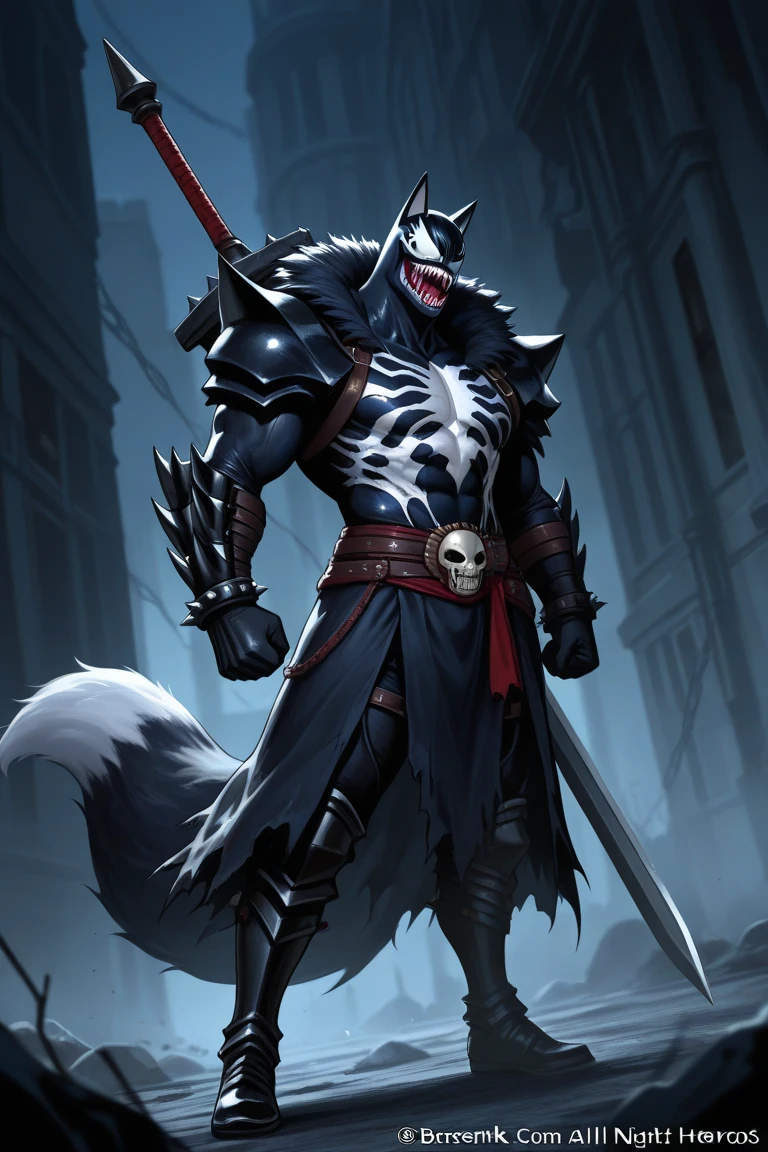 Lobo de metal, segurando uma espada,4k, olhos vermelhos, armadura negra