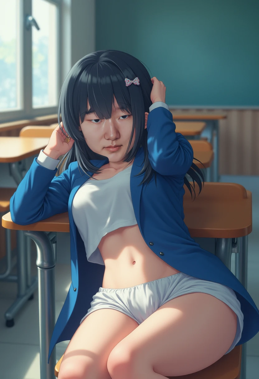 Highest quality,masterpiece,Fine pubic hair,Simple,Black Hair,,Classmate,classroom,She takes off her panties and shows them to me