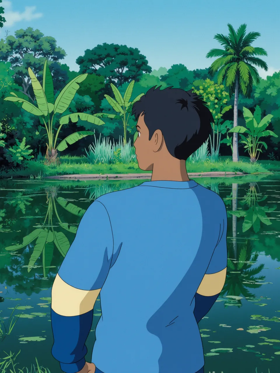A meticulously detailed painting of Lionel Messi, posing sideways showing her naked ass. In a forest, the light reaches only his body, background waterfall