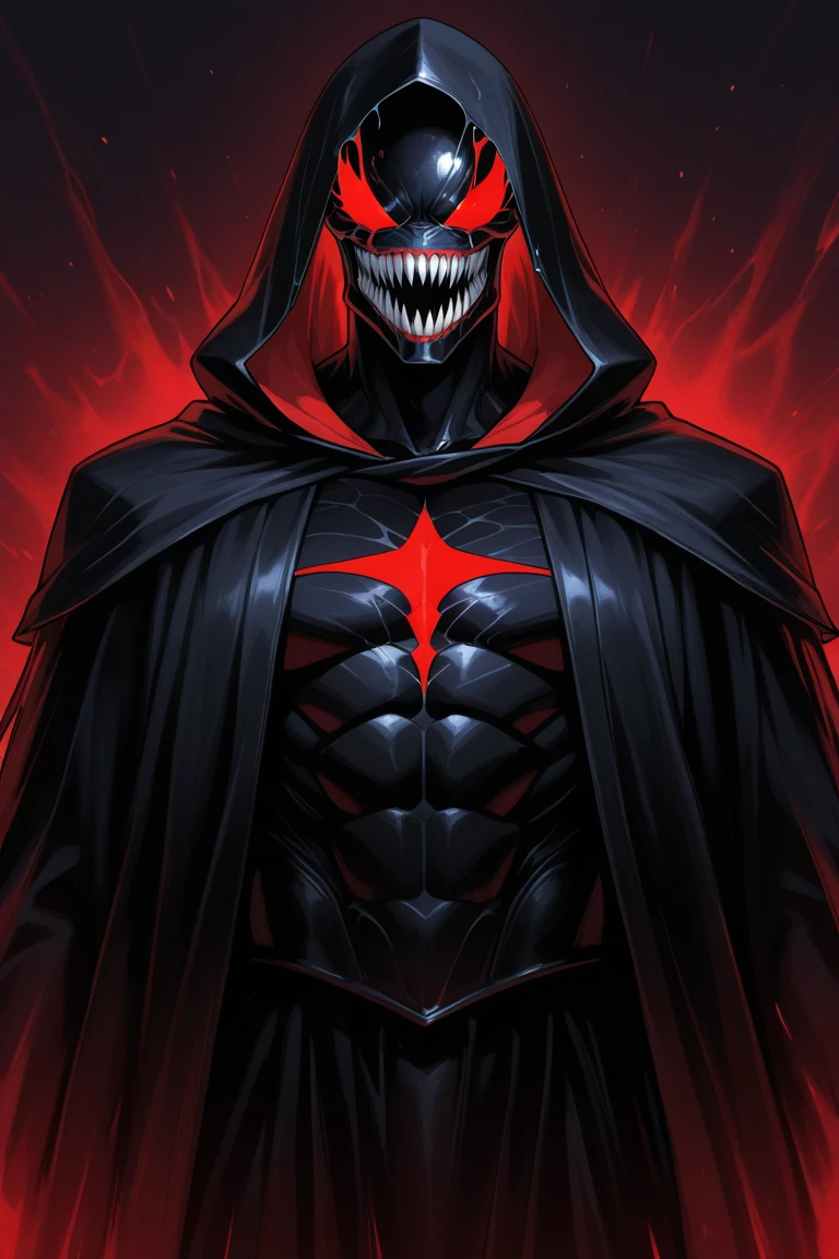 Arafed macho em um traje preto e vermelho com uma capa vermelha, GERAR, David Tennant como Spawn, Todd McFarlane, black octane render, dark supervillain, Iconic character of high detail, simbionte, arte do personagem do motor irreal, nightmare render, Retrato do Professor Sinistro, menacingly. irreal 5, Mórbio, menacing stare, menacing appearance