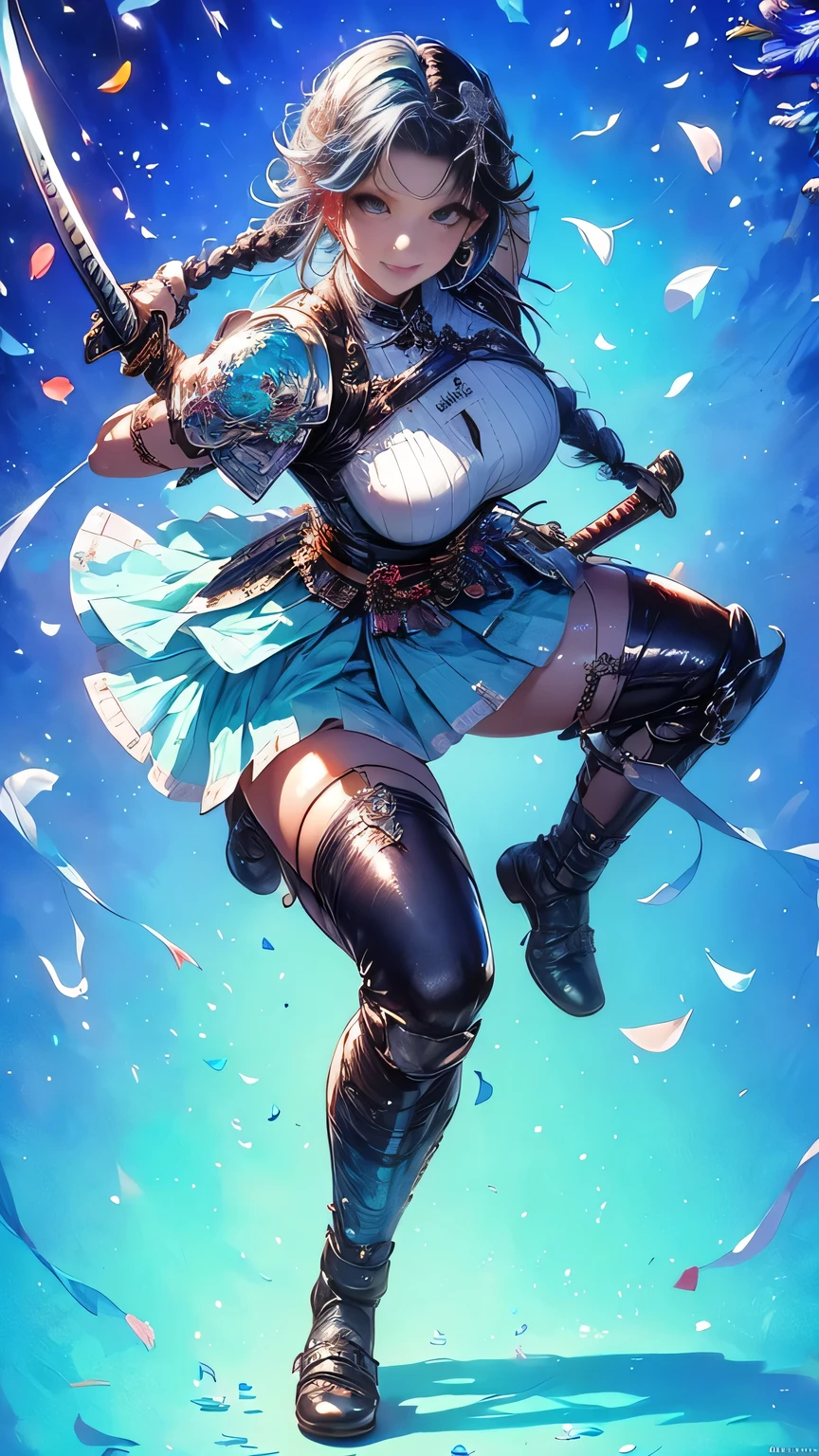 young woman,1 person,Oiran,(wielding a katana with great force:1.6), very detailedな,(seductive smile),(from front:1.3),(full body:1.6),(battle pose:1.8), Brilliant Appearance ,extremely detailed, Imaginative,sensual ,Best Quality, skin texture,(Milkmaid braid:1.8),(black hair:1.8),muscular,(huge breasts:1.3),(underboob),( Samurai armor:1.8),(black cloak),(gypsy skirt),(garter belt),(black tights,zettai ryouiki),absolute region with to,Intricate Details ,crepuscular rays:1.3,(aquamarine background:1.6),(Iris flower confetti:1.6),( Iris in full bloom:1.6), RAW photos , 8k, masterpiece, Best Quality,ultra detail,very detailed, Intricate Details ,high resolution,超Intricate Details,very detailed 8k cg wallpaper,
