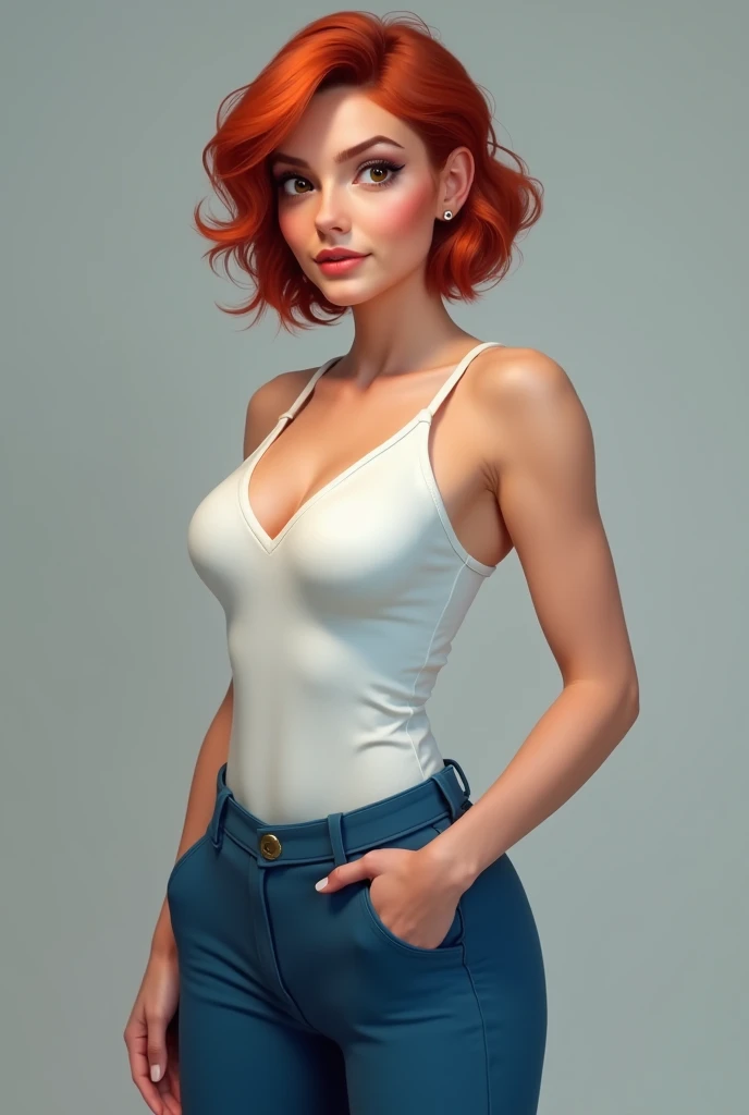 white woman | very pale skin | clear blue eyes | orange short hair | lovely and beautiful serious face | freckles | wonderful and perfect realistic body | perfect breasts | realistic | perfect red lips | white background, wearing leather pants, wearing leather bra, loop earrings, leather jacket