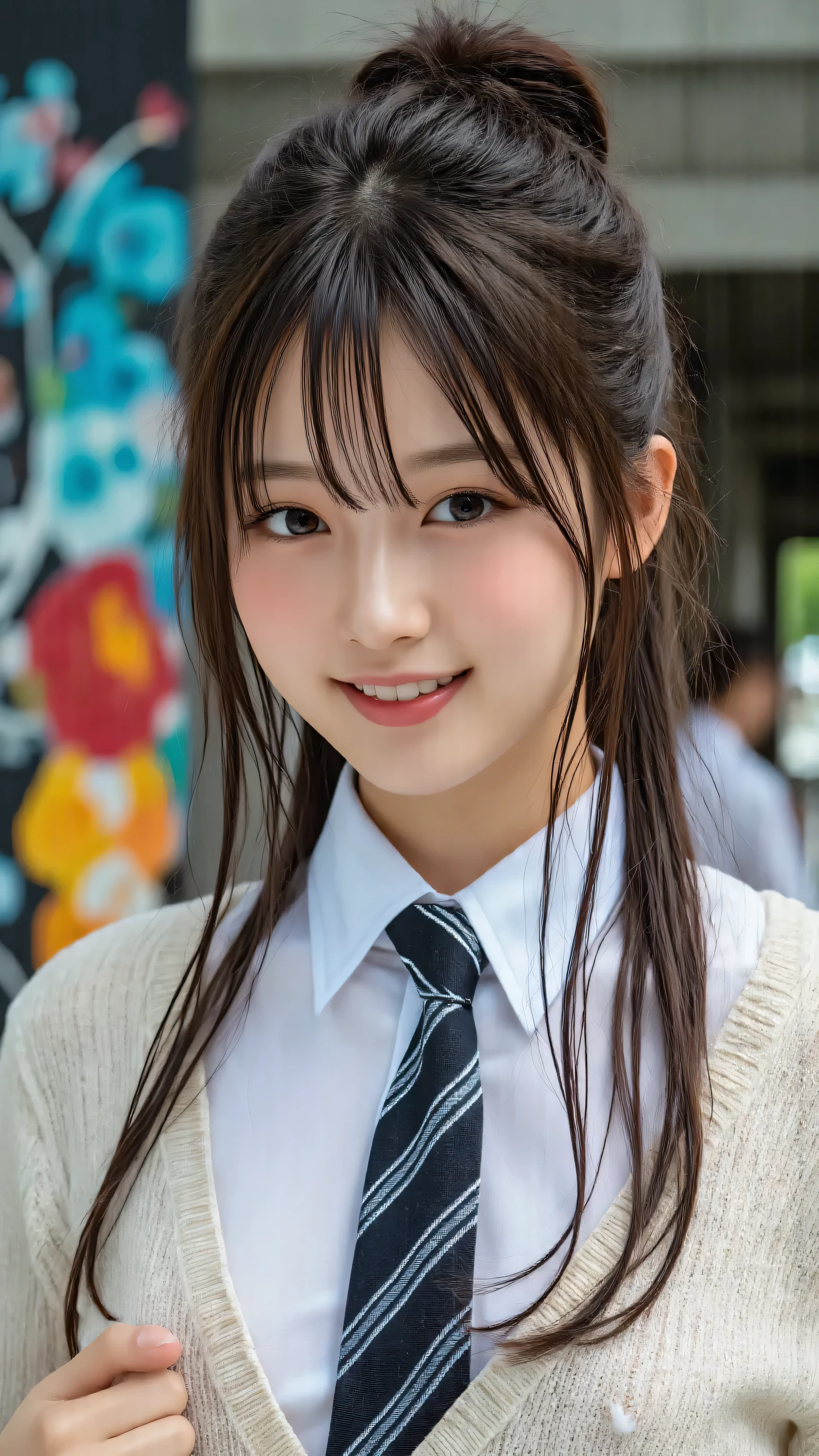 on the other hand, shirt, And the striped tie. She is standing in front of an artistic mural with vibrant colors and abstract designs. A realistic portrait of a young woman in uniform wearing a beige cardigan on the other hand the blurred background emphasizes her well-groomed appearance、It highlights her well-maintained look.