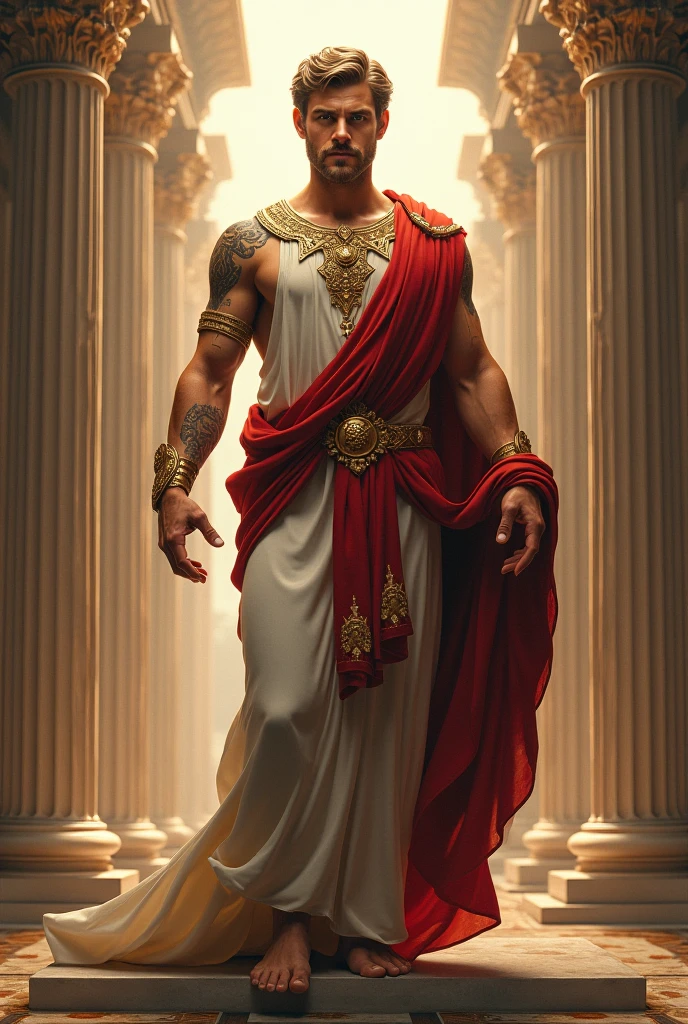 Toga, exactly like you did in this image, but it should be written OLYMPIC F.S, and the colors of the Olympics are gold 

