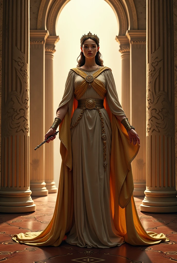 An imposing middle-aged queen, looking noble and wise, wearing a crown studded with brilliant gems.  Her gaze reflects deep understanding and empathy, as she holds a sword in one hand and a scepter in the other, symbolizing her role as leader and protector of her kingdom. The queen is surrounded by an aura of warm light that radiates from his figure, symbolizing the redemption and wisdom she has gained on her journey.  Behind her stretches a diverse landscape that represents her restored kingdom: majestic mountains, lush forests, and serene flowing rivers as symbols of peace and prosperity. In one corner of the image are the shadows of the men and women who fell in battle, whose ethereal figures are constant reminders of the queen's responsibility to her people.  These figures combine with the mirages of power that haunted her in her search for redemption, manifesting as dark and blurry reflections that contrast with the light emanating from the queen. The image captures the climactic moment of the story, where the queen has found her purpose and has shown that the power of the heart and compassion are the true tools of a leader.  The combination of visual elements evokes a sense of hope and renewal, conveying the message that even in the darkest of times, redemption and wisdom can change the fate of a kingdom and the soul of a queen, vlzblanca dress, RAW photo, (high detailed skin:1.2), 8k uhd, dslr, soft lighting, high quality, film grain, Fujifilm XT3