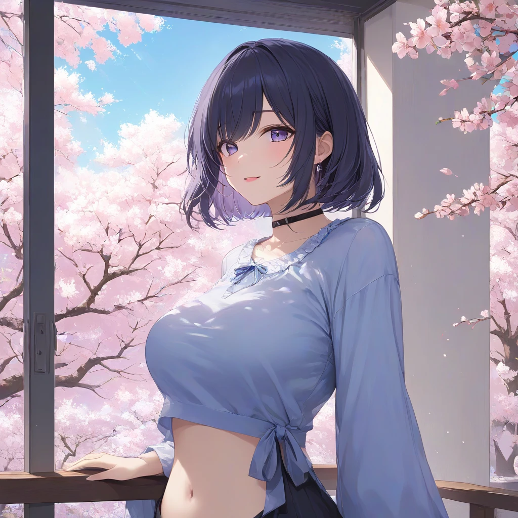 ((best quality)), ((masterpiece)), (detailed), ultra-detailed, best shadow, high contrast, (best illumination, an extremely delicate and beautiful), ((cinematic light)), intricate details, 1girl, Motoko Kusanagi, 8k uhd, medium breasts, short blue hair, inverted bob hair, black tshirt, denim shorts, smile, Japan, hanami, park, sakura tree, romantic, wallpaper
