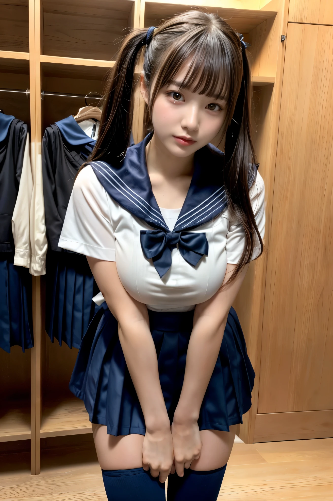 masterpiece, best quality, illustration, Super detailed, fine details, High resolution, 8K,wall paper, perfect dynamic composition,(Details High quality, realistic depiction of eyes:1.3), (Toilet cubicles:1.2), (urinal)、High school girl uniform、blazer 、Super Short Check Uniform Skirt、Navy blue high socks、garterbelts、 large breasts, expresses the roundness and softness of your chest, Don't expose it、Disturbed uniform, ponytail, black hair color, Big Natural Color Lip, perfect body shape, crying a little、Harajuku style、20 year old girl、cute type, beautiful legs, Gravure Idol