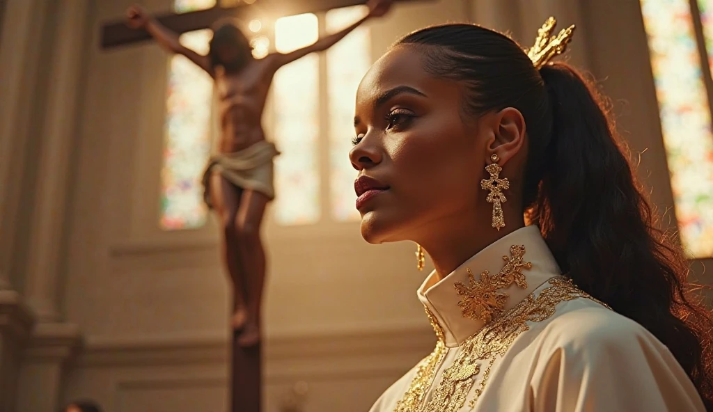 A realistic photo of a beautiful nude black woman with no clothes black wings being worshipped by monks