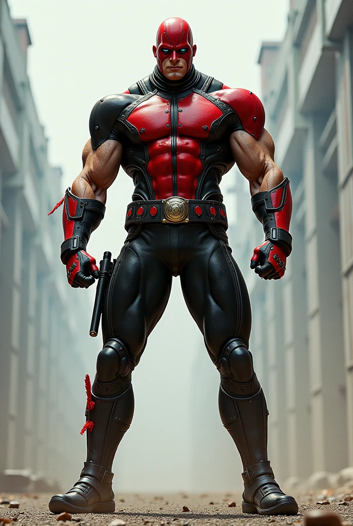 Black and red male superhero outfit, muscular and angry, on top of building