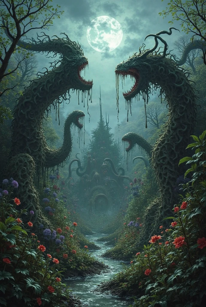 Imagine a scene in a dark fantasy realm, depicting a hair-raising forest landscape. Picture trees with hunched and twisted forms, creating a mysterious canopy that obscures the sky in the depths of the forest. Mist clouds swirl within the forest, accompanied by mysterious sounds echoing between the trees. The ground is covered in dead branches and root systems resembling twisted asylums, creating a dark and eerie atmosphere. Shadows wandering through the forest give the impression of creatures with eyes gleaming in the dark. This scene exudes both an awe-inspiring and spine-chilling darkness, enchanted forest, (midnight:1.6, night time:1.6), (master piece:1.4, best quality:1.4, intricate details, sharp focus, UHD, 8K, Ultra Detailed 8K CG, extremely detailed CG unity 8k wallpaper, ultra high res, High quality texture, High quality shadow, cinematic lighting, dark colors,HDR),  <lora:fantasy00d-000015:1>