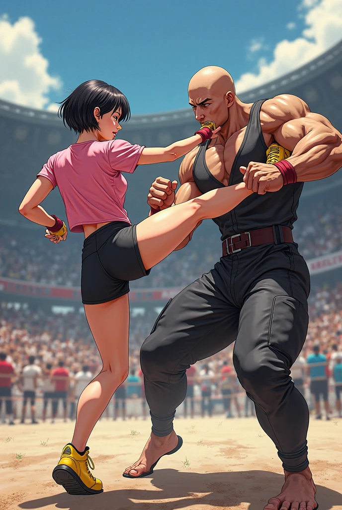 Two men and women fighting in a street fight。A female street fighter is crying after being repeatedly punched by a man。Covered in bruises。Bloody。shortness of breath。Drooling。Frightened expression。Running out of energy。Sweaty。Short black hair。Open Finger Gloves。Her chest is exposed。Denim shorts。Erect nipples。One eye closed。Leaning back。A man's fist hits a woman's face。