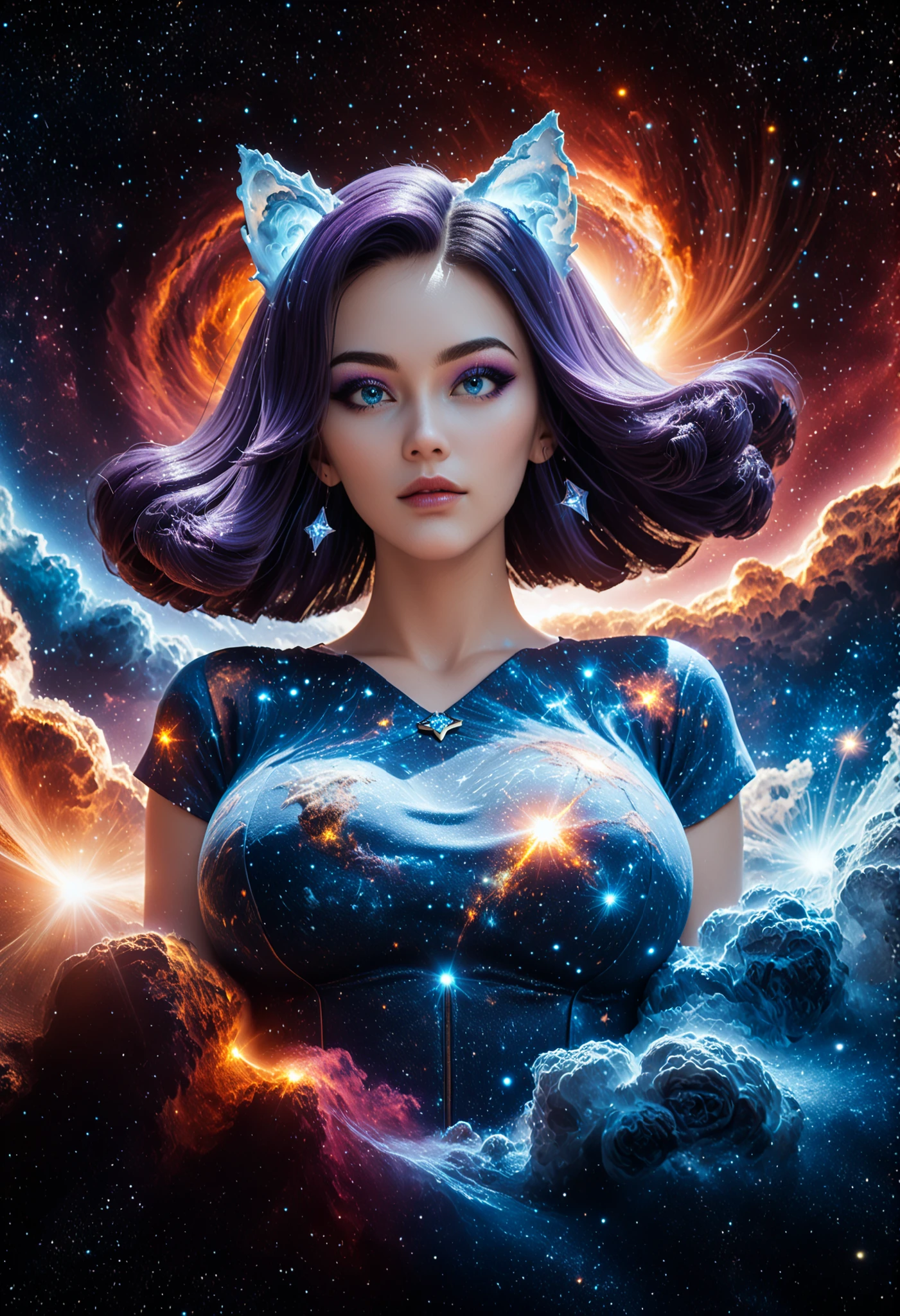 An incomprehensible and spectacular scene from a glowing cloud, A elemental girl,, (Blue fire and dark ice eyes) , 3D, cold colors, (no human),BREAK Non human with ethereal body ((transparent body made with mist) (ghost form), (((stellar goddess very charismatic and charming))), (supernatural being), ((with purple hair:1.4)) ,(Blue eyes), ((cat girl with elegant dresd)) BREAK BREAK , ((big breast)), ( eyeshadow, eyeliner:1.3))BREAK ((her body is covered by a mist and clouds that reflects universe )) BREAK ((cowboy shot view)), ((dark space, galaxy and universe in background:1.3)), dynamic pose, (holding a galaxy in hands ((fading in background) BREAK, (dynamic face), filaments of fractal nebula, Cosmic entities, celestial, Space, Bright and bright, Turns, whirling, unreal, high contrast, symbolic, Magic, oversaturated, Colorful, [[[extremely detailed artgerm]]], [optical illusion] Dark curls, storm, vibrant, sunlit, absurdres, impressive, 120mm, outlining, wide thighs, luminous, glittering, reflections, lights, sky