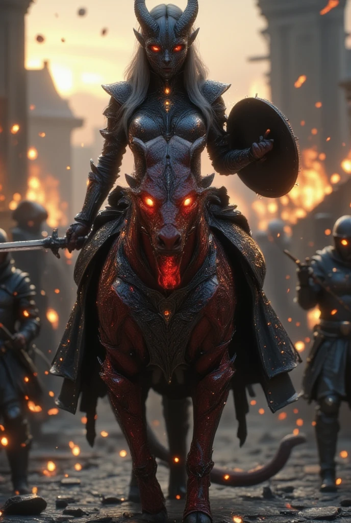 Feudal female samurai with long hair wearing translucent White holy armor coming Out of the Fog wearing a partially burning and Red glowing detailed samurai Armor, atmospheric haze, Film grain, cinematic film still, shallow depth of field, highly detailed, high budget, cinemascope, moody, epic, OverallDetail, gorgeous, 2000s vintage RAW photo, photorealistic, candid camera, color graded cinematic, eye catchlights, atmospheric lighting, skin pores, imperfections, natural, shallow dof, deep blacks, high monochrome contrast,