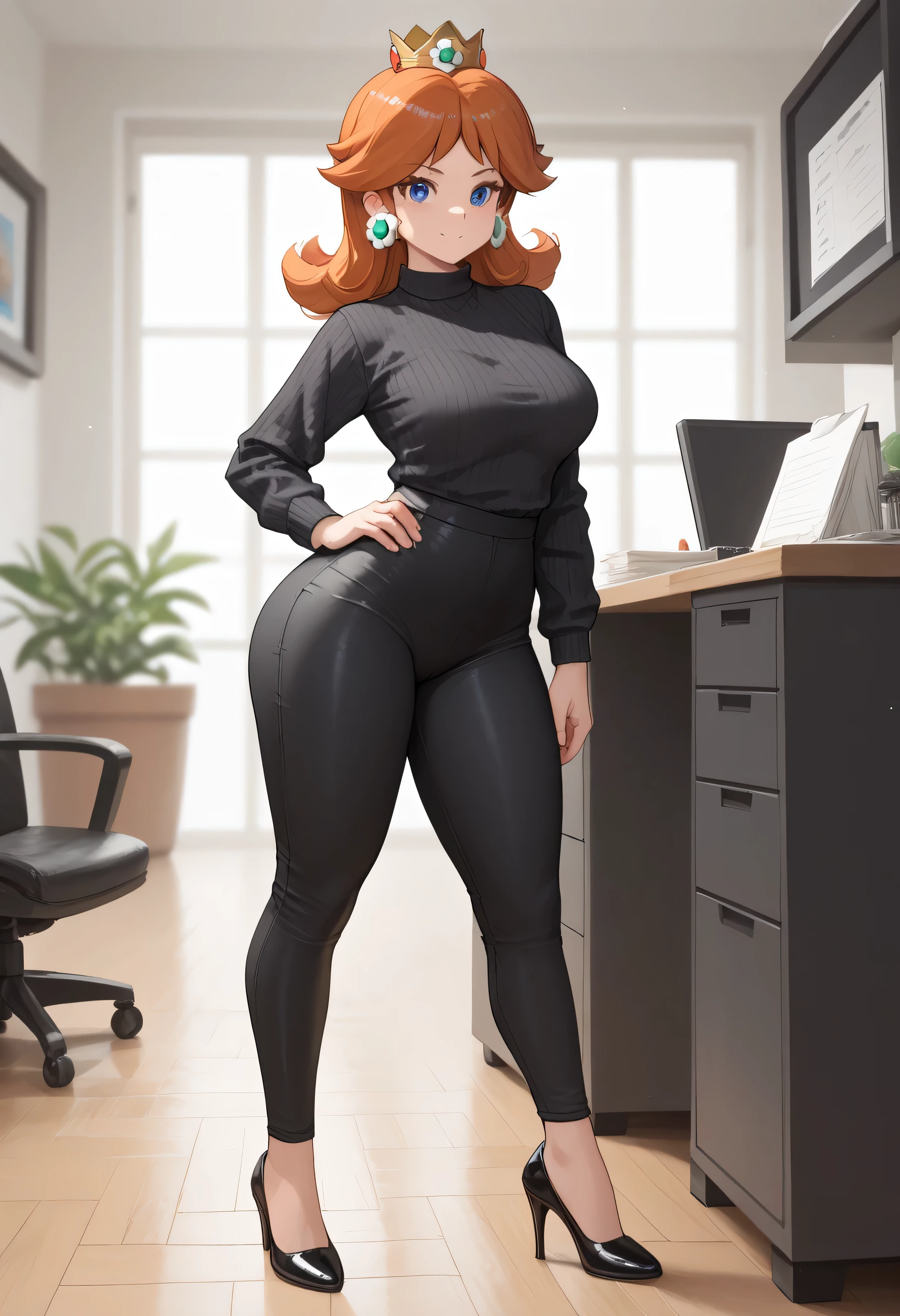 princess daisy, blue eyes, long hair, orange hair, wide hips, thighs, wearing a black short-sleeved shirt , tight grey office pants, black high heels