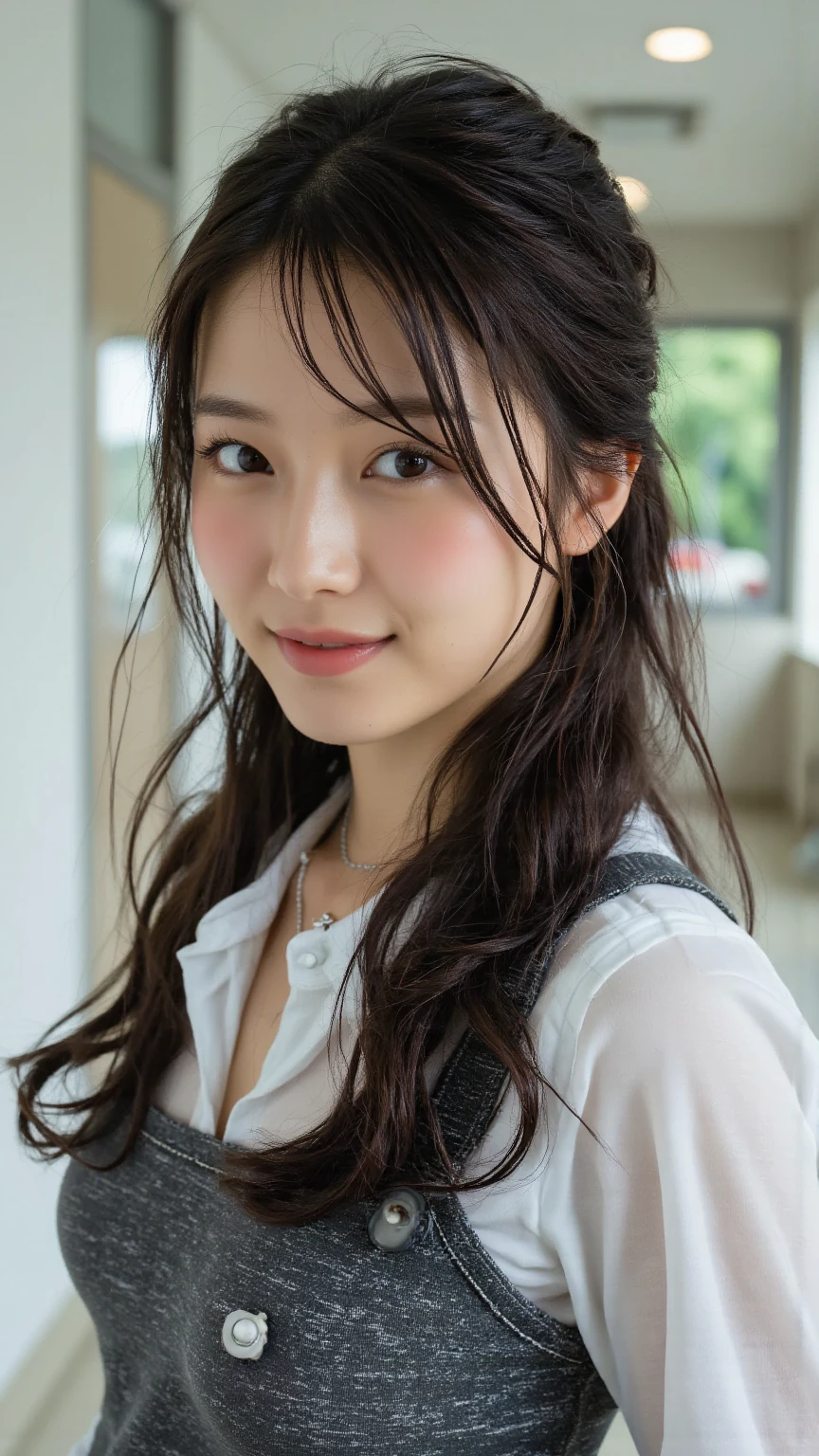 ((highest quality、8k、masterpiece:1.3)),((((cowboy shot)))),Ultra-high resolution,big eyes,Japanese,forehead,bangs,(a girl),(1 girl),((16 years old)),((cute)),pretty,((facing at viewer)),(long hair),((black sailor uniform)),grin,standing