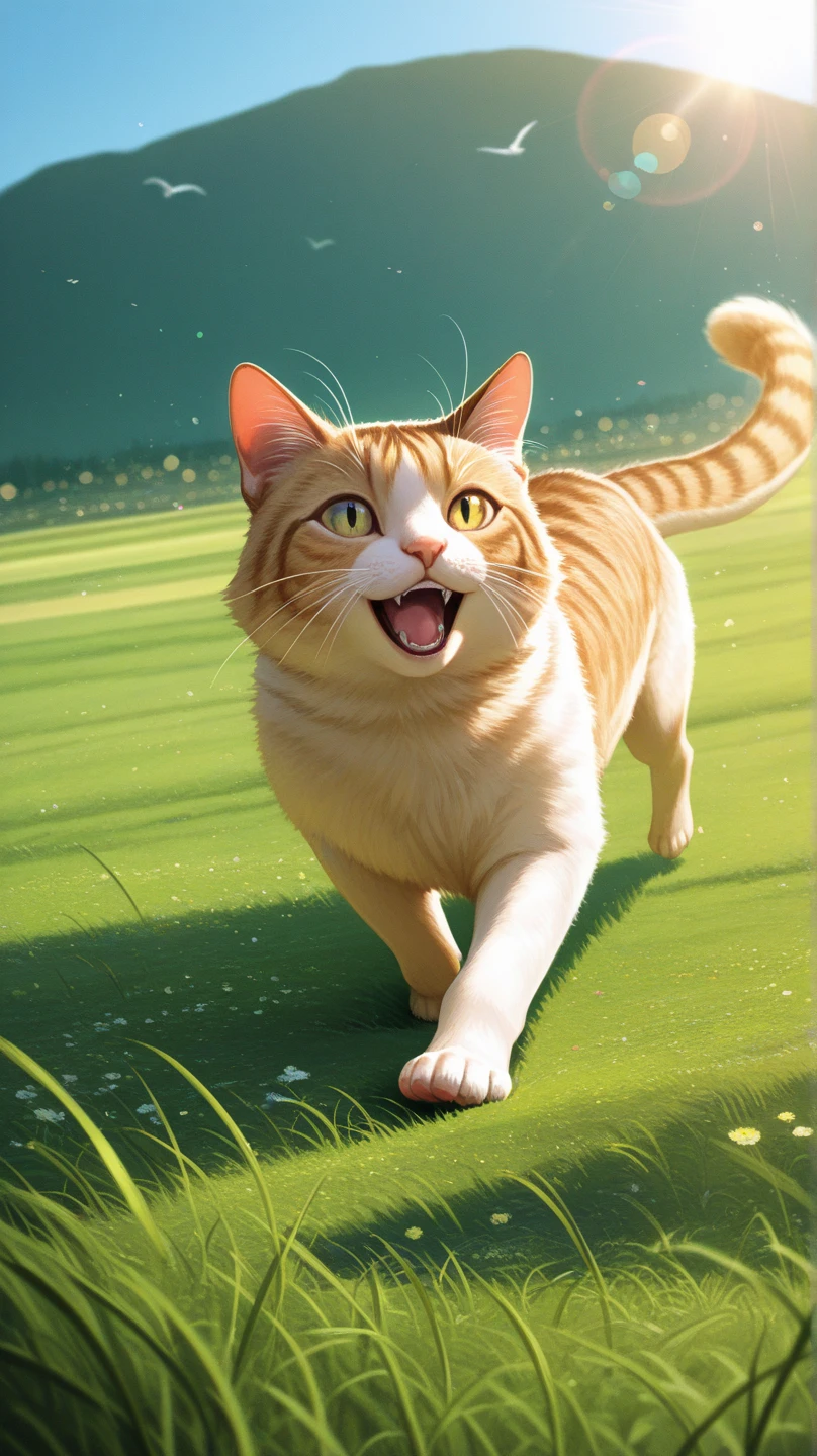Dragon cat holding a fish、Chase after me、Barefoot、I'm running、Cheerful girl 、Everyone is laughing、nice weather high quality,4K resolution,realistic,PROFESSIONAL,bright colors, bokeh effects ,vivid color,rich in details,realistic texture,Digital Paint,fantasy art,cheerful atmosphere,positive emotions, clear sky,Green grassland,Happy look ,Bright sunshine,Smiling People々