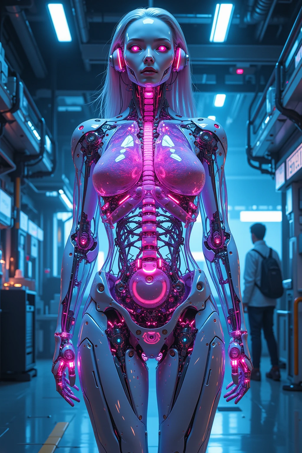 robot girl, android, hanging, female, robot_torso, mechanical parts, upper body, cable, masterpiece, nipples, cyberpunk, in a factory, assembly line, closed eyes, deactivated, wires, highly detailed, dynamic lighting, pale skin, bald
<lora:robotorso_v1.0:0.7>
