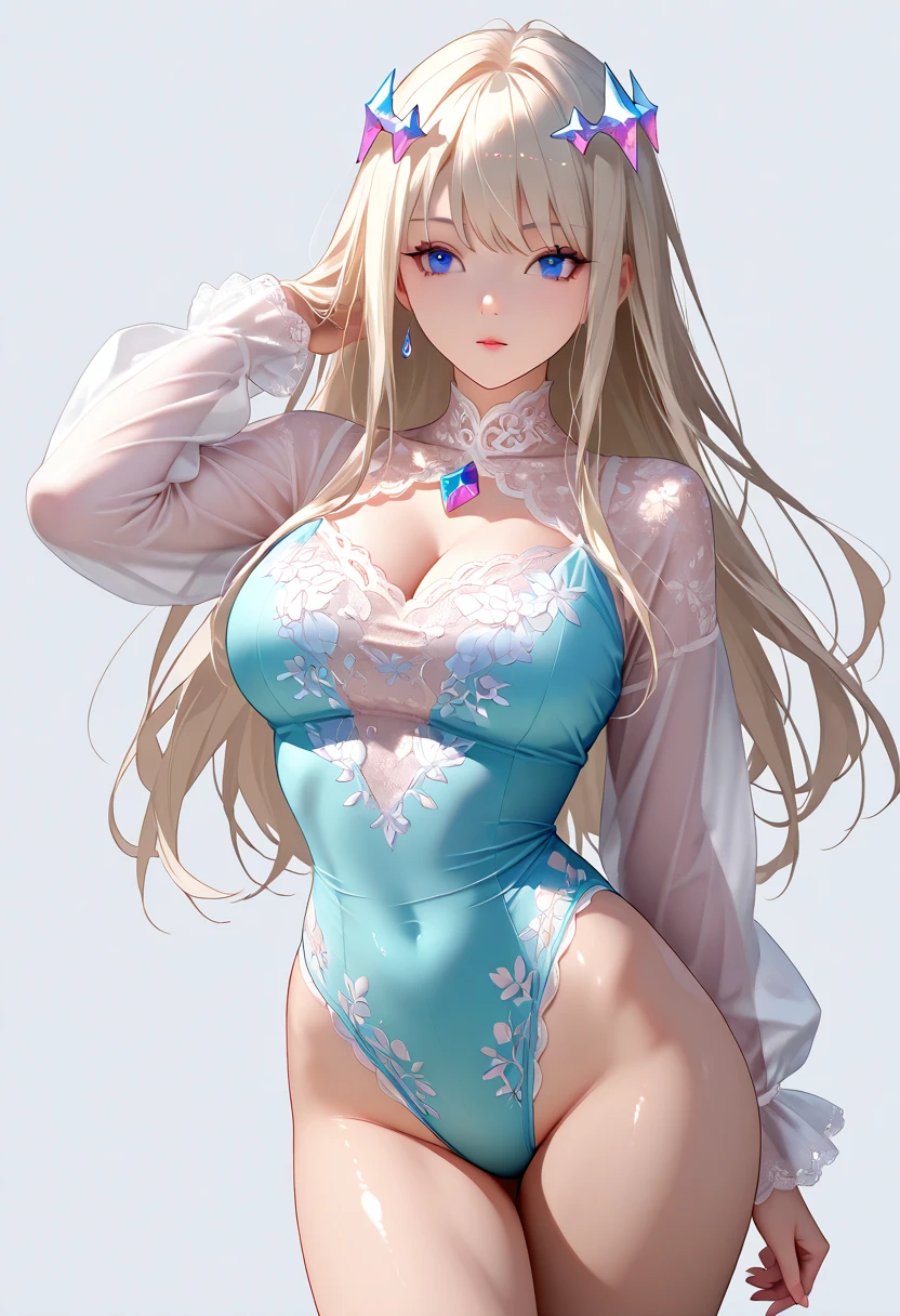 (Masterpiece:1.2), (Best quality:1.2),1 child,10years old, brightskin, beachside, Bigboobs,Young,Cocked buttocks,White moist white transparent one-piece swimsuit,Expose the groin,Camel fingers,By bangs, long whitr hair, hair straight,