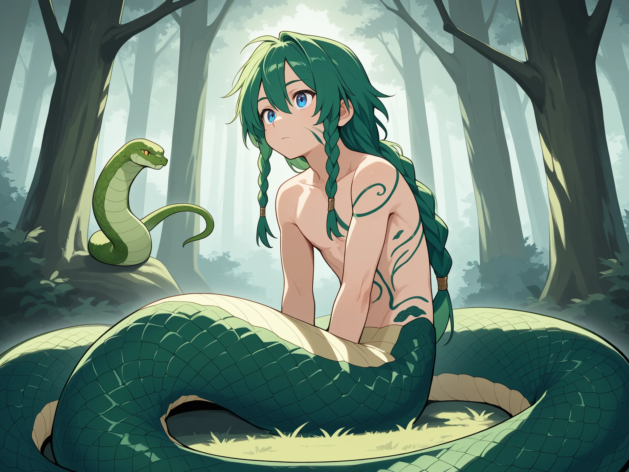 A lamia boy, snake boy, 15-years-old, green hair, blue eyes , green snake scales on his body, face, neck and arms, long hair, braided hair, in the forest, high details, high quality