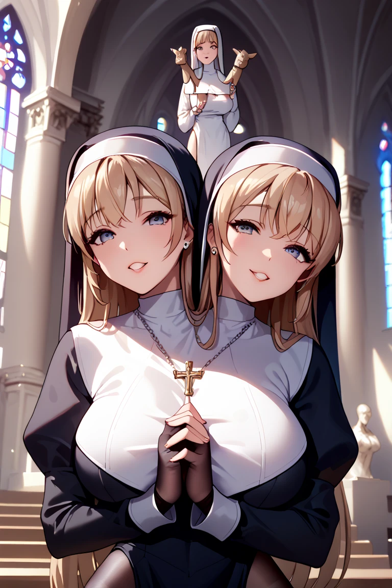 inugami korone,nekomata okayu,2girl,Females in heat,blush,open mouth,nun costumes,collar,gigantic huge breasts,looking at viewer,Taken from the viewpoint above,upturned eyes,near,standing up,Lined up,church,in room,SFW