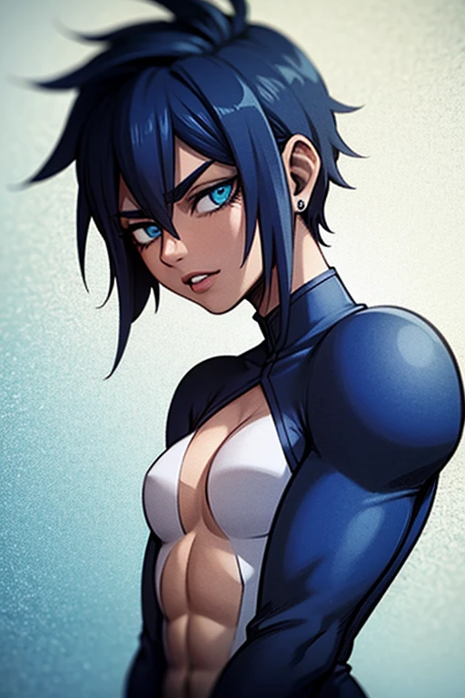 1girl, light skinned, art in the style of Yusuke Murata, Yusuke Murata style,girl alone, short hair, black hair, blue eyes, anime girl with posing tattoos, digital anime art, sexy anime girl, female anime girl, anime art, muscular!, big oppai, Ilya Kuvshinov, badass anime 8k, anime art, cuberpunk hair, sexy outfit,  exercise clothes, very attractive, sensual, a goth, beautiful face, serious face, short black hair, perfect body, fit body, abdomen, large breasts, muscular, small floss, simple background,
