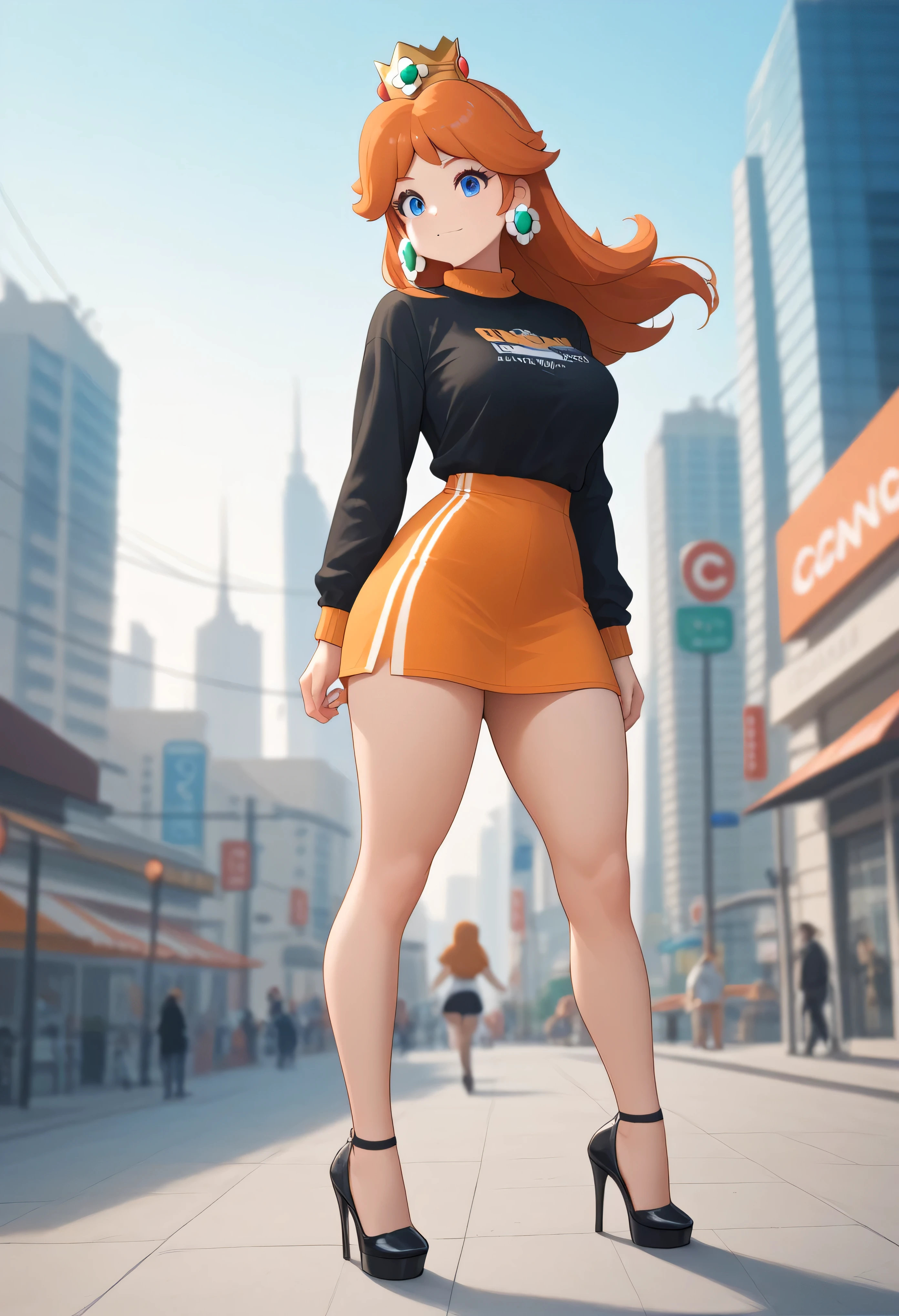 princess daisy, blue eyes, long hair, orange hair, wide hips, thighs, wearing a black short-sleeved shirt , high heels, city, pantalon apretado con patron de cuadros blanco y negro