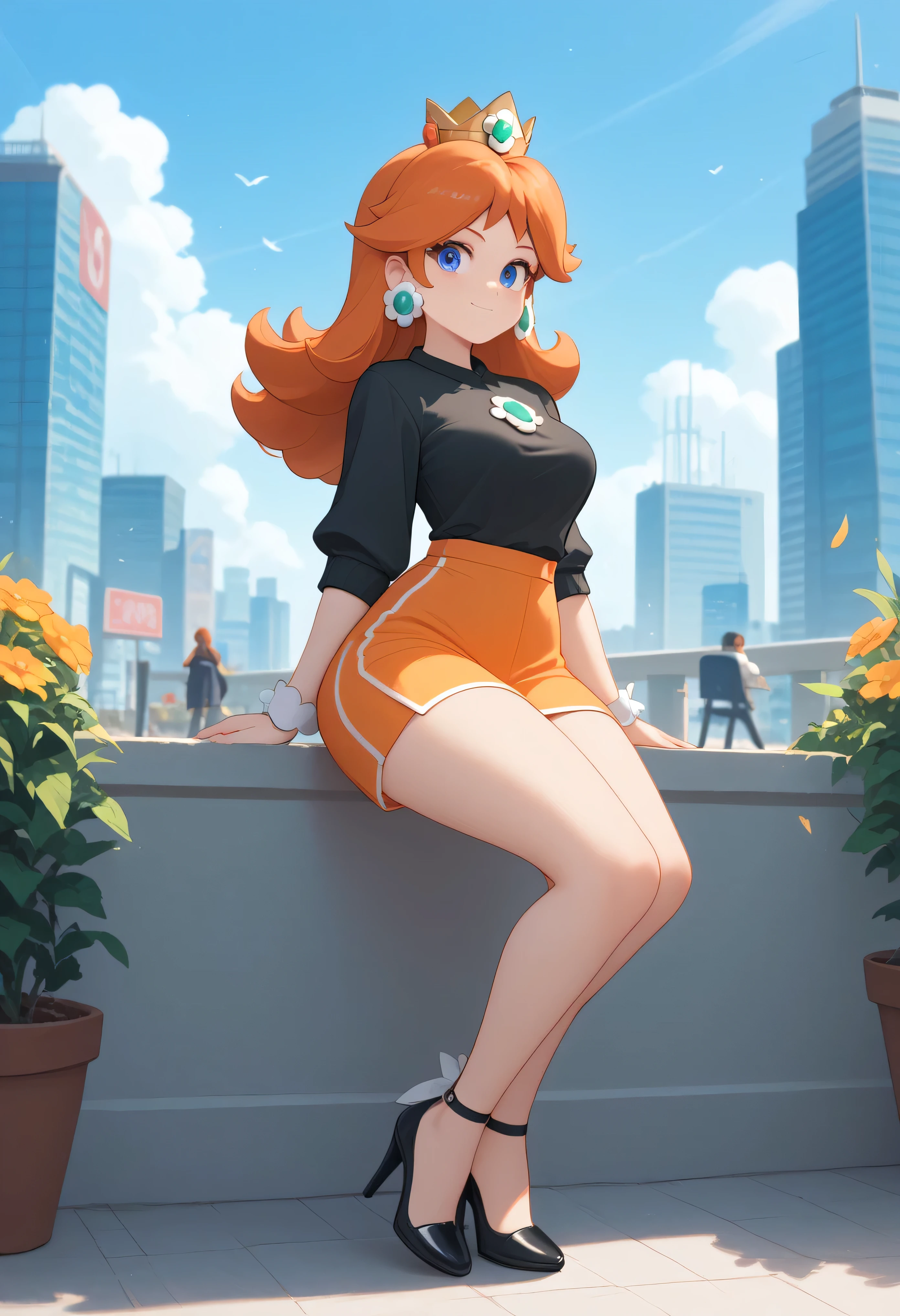 princess daisy, blue eyes, long hair, orange hair, wide hips, thighs, wearing a black short-sleeved shirt , high heels, city, pantalon apretado con patron de cuadros blanco y negro