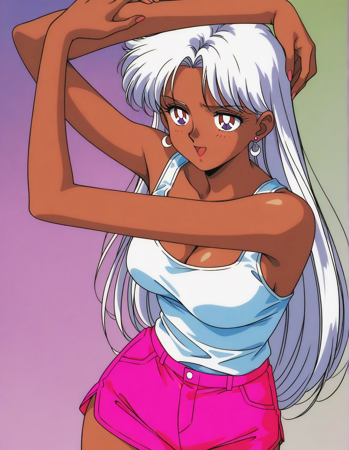 Silvestri, Storm, 1girl, solo, long hair, breasts, blue eyes, swimsuit, ass, white hair, mohawk, outdoors, sky, day, looking back, cloud, dark skin, from behind, dark-skinned female, lips, ocean, back, beach, lipstick, pink bikini <lora:Marc_Silvestri-11:.75>
