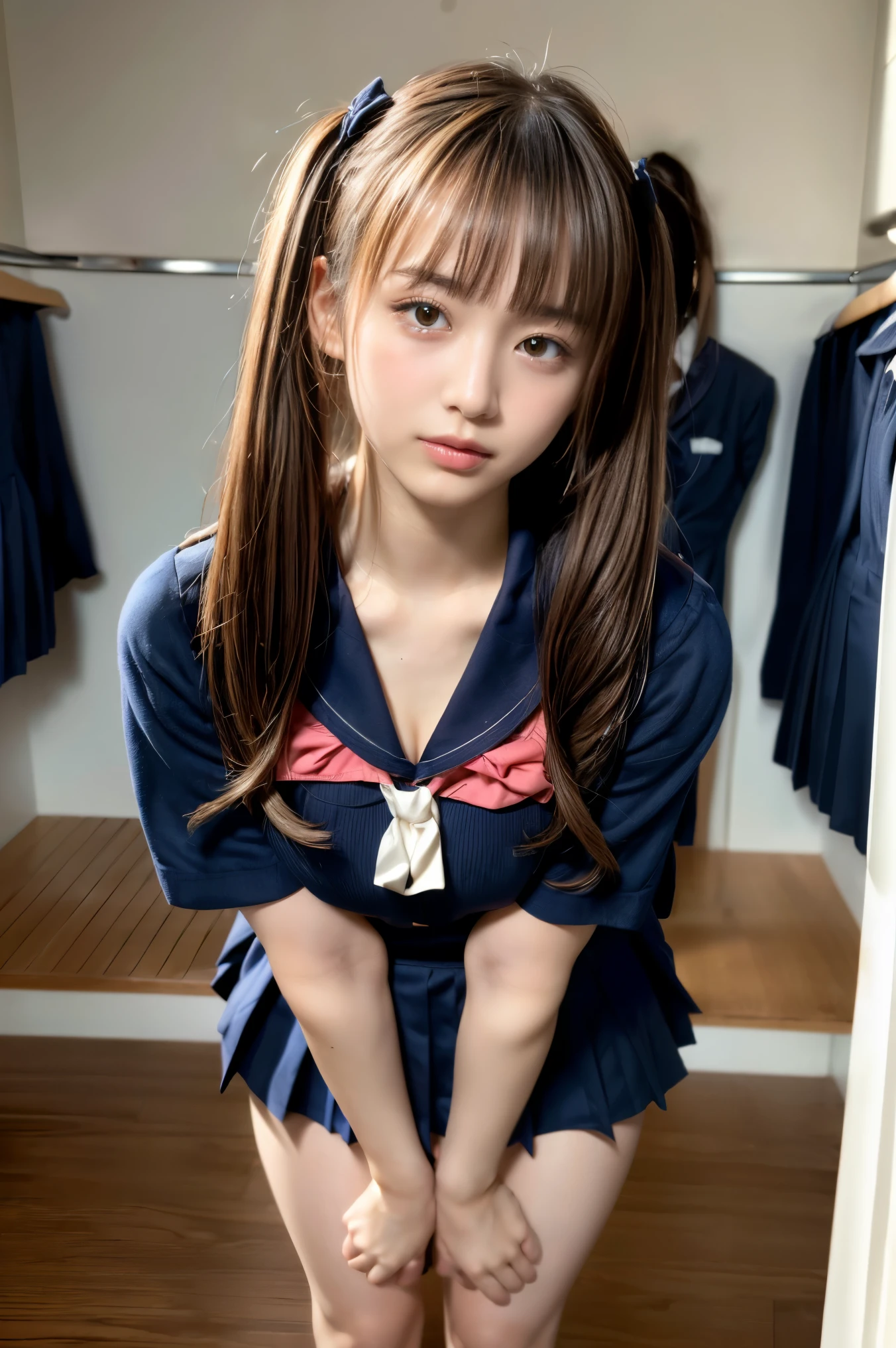 smile、((Browsing Caution))、((Camel Toe))、((Female organ:1.1))、(Highest quality、4K、8K、High resolution、masterpiece: 1.2)、Very detailed、Beautiful Japanese Girl、1 person、 (16 years old)、alone、(from the front:1.4)、(reach sexual ecstasy:1.6) 、Sit at a desk、(Short-sleeved sailor uniform) 、(panties)、Crotch crack、Beautiful ass、She places her hands and elbows on the table, Spread your legs wide, And he sticks out his crotch for emphasis..、Twin tails、In the classroom