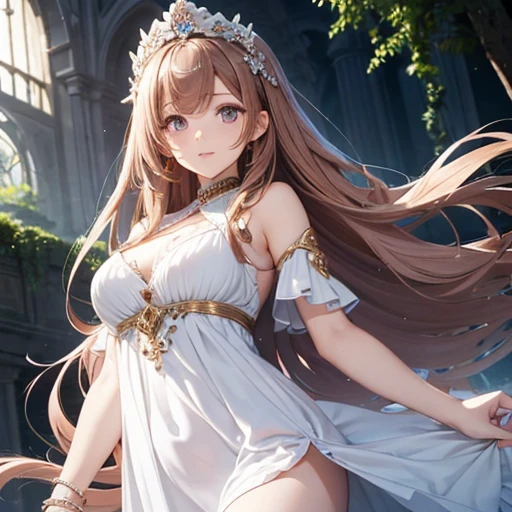 ((Highest quality)), ((masterpiece)), (detailed), (Perfect Face)、The woman is Yuuki Asuna, with light brown, medium-long hair, a completely transparent outfit and veil, and is decked out in gorgeous accessories.