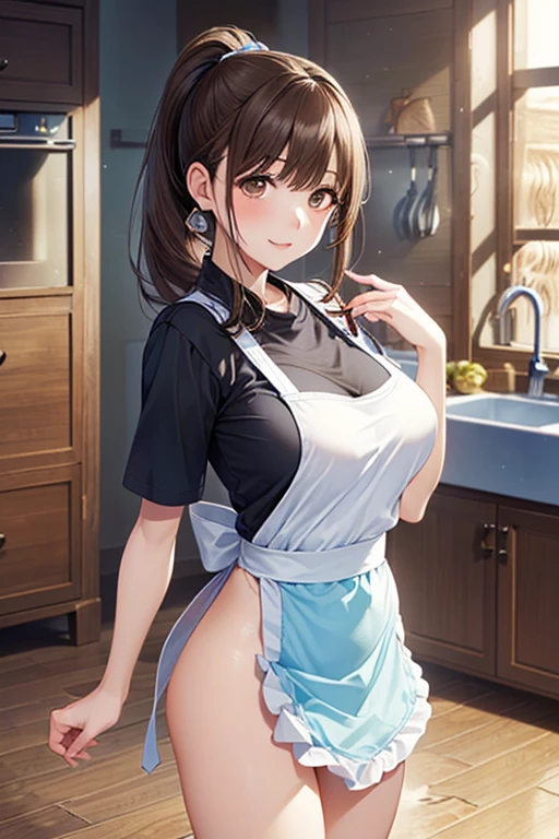 a young girl in a kitchen, long brown hair, brown eyes, wearing only an apron, close-up of orgasmic facial expression, creampie, reverse cowgirl position, high quality, detailed, photorealistic, cinematic lighting, warm color tones