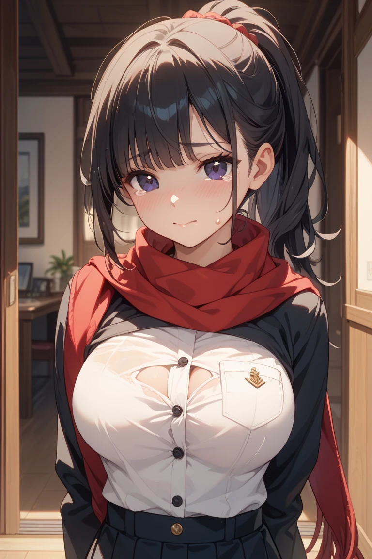 (masterpiece, best quality:1.4), 8k, brunette Hair, Messy Braided hair, Young adult, anime girl, slight smile, light red Eyes, really big chest, in Livingroom, Black cropped Sweater flower pattern, Black hotpants (detailed eyes and face, sharp pupils, realistic pupils:0.6)