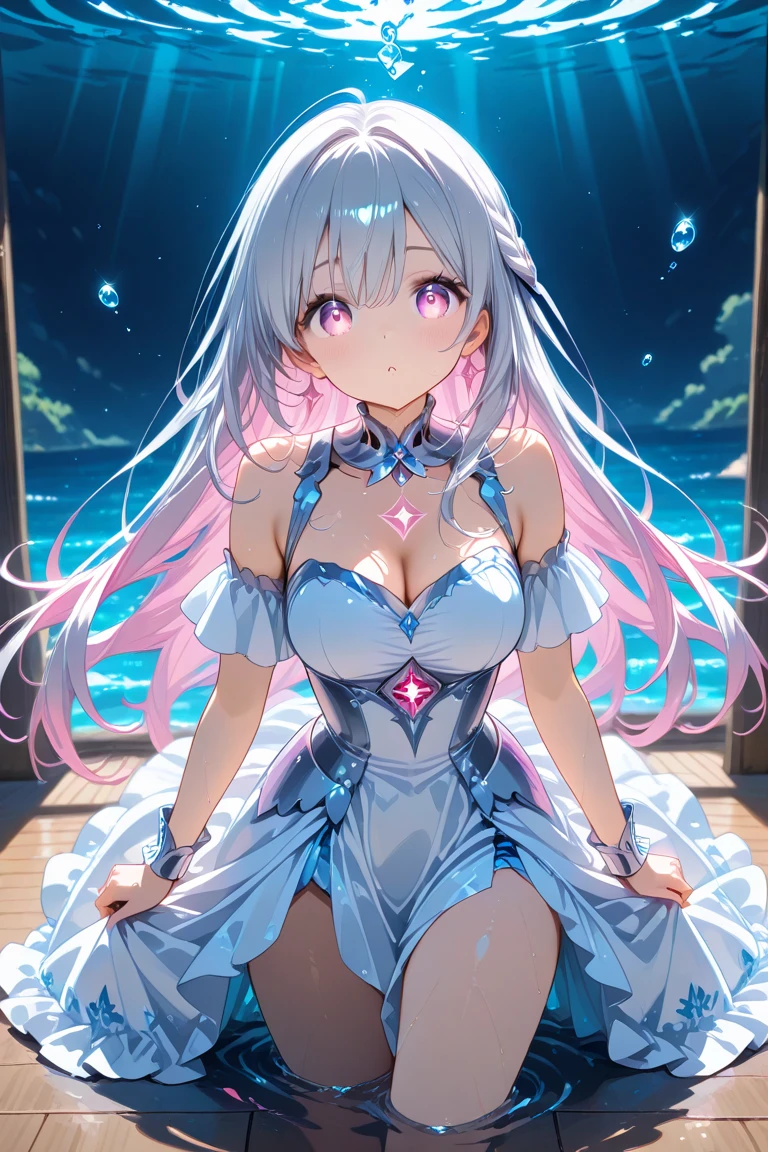 1 tall girl. busty. Long hair ((rainbow highlights)). tall. wearing a long flowing dress of colors. (Soft colors) (pastel). Sitting on a fountain) flowing colors. lovely background. (best quality)