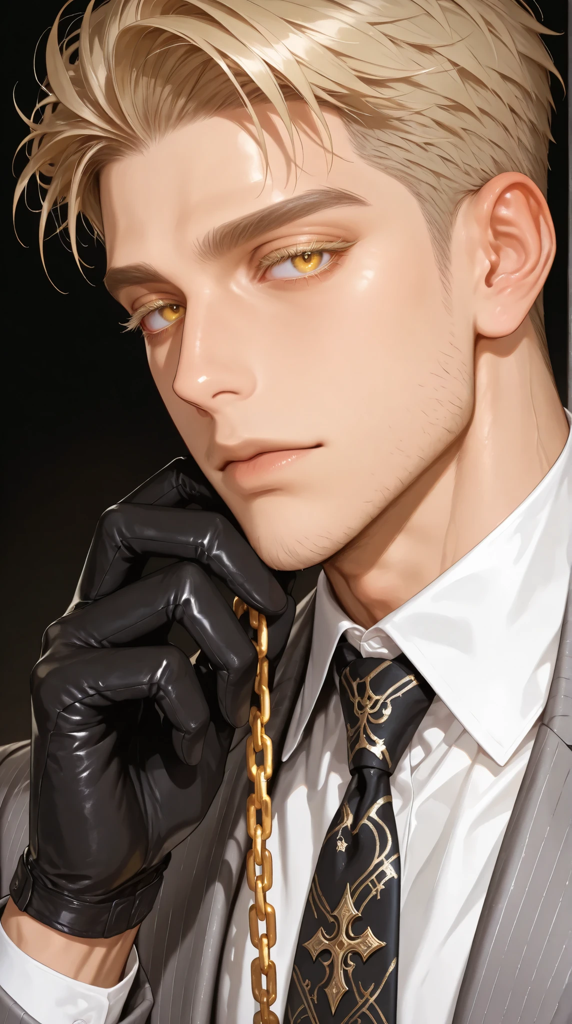 adult male, handsome, tall, Sung Hyunjae, ash-blonde hair, expressive yellow eyes, blonde eyelashes, The S-Classes That I Raised, solo, a sexy man holding a golden chain, handsome, sensual, gray suit, black necktie, white shirt, black gloves, ,, ultra-detailed, intricate details,masterpiece, best quality, amazing quality, hyper-detailed, newest, very aesthetic