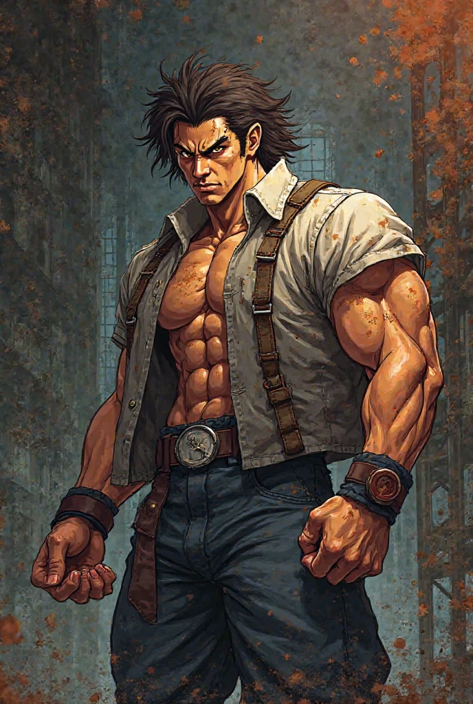 alpha male jock in a dark dungeon, dark brown scruffy hair and clean cut, he is domineering and mean, he has gorgeous detailed green eyes, he is a badass, he is scowling, wearing leather and leather, bdsm and kink, ((shirtless)), ((he is viewed from below))