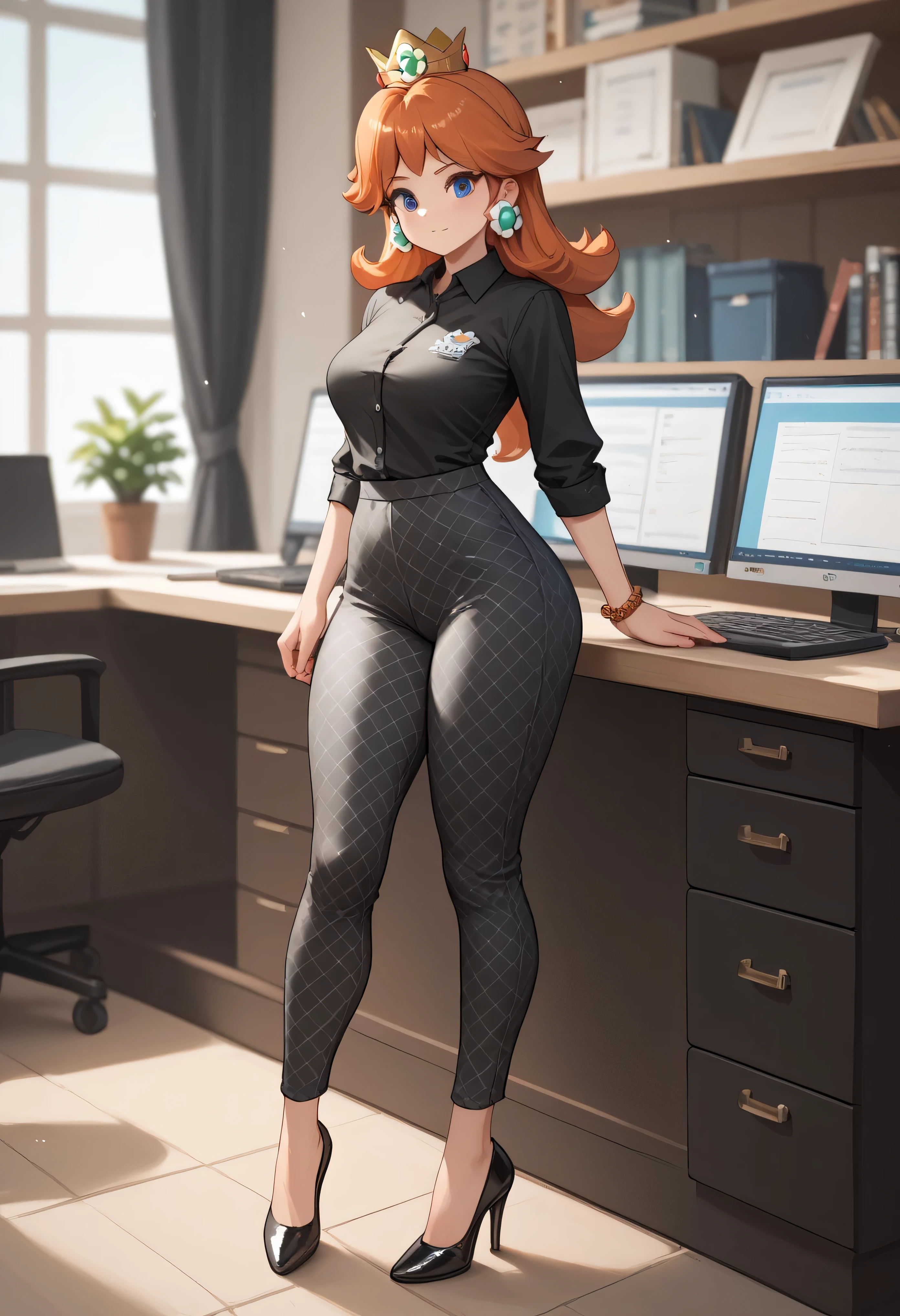 princess daisy, blue eyes, long hair, orange hair, wide hips, thighs, wearing a black short-sleeved shirt , tight checkered print office pants, black high heels