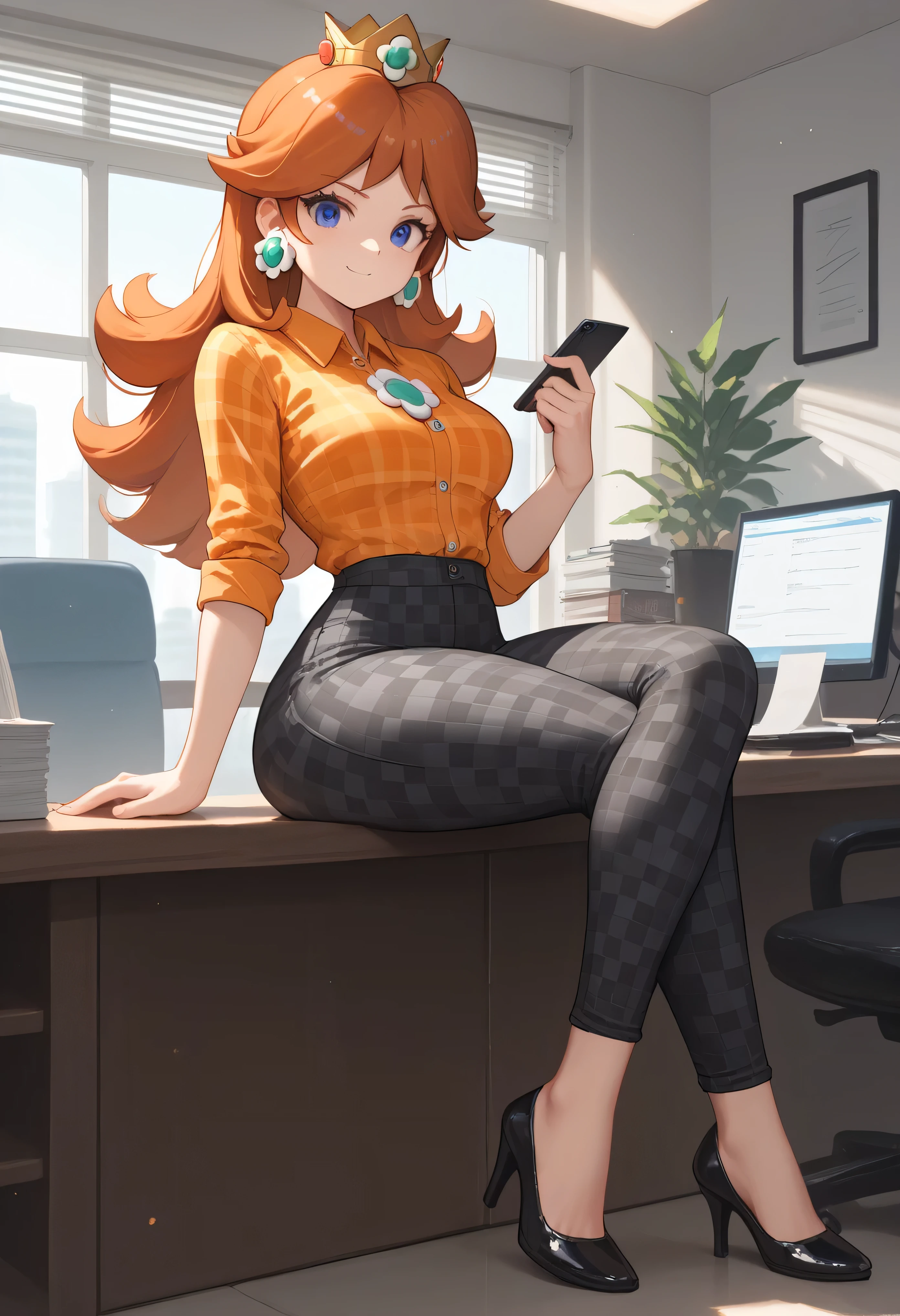 Mulher de anime, 2D, Makima, do anime chainsaw, girl with red hair tied well orange in white shirt with jeans, in an office