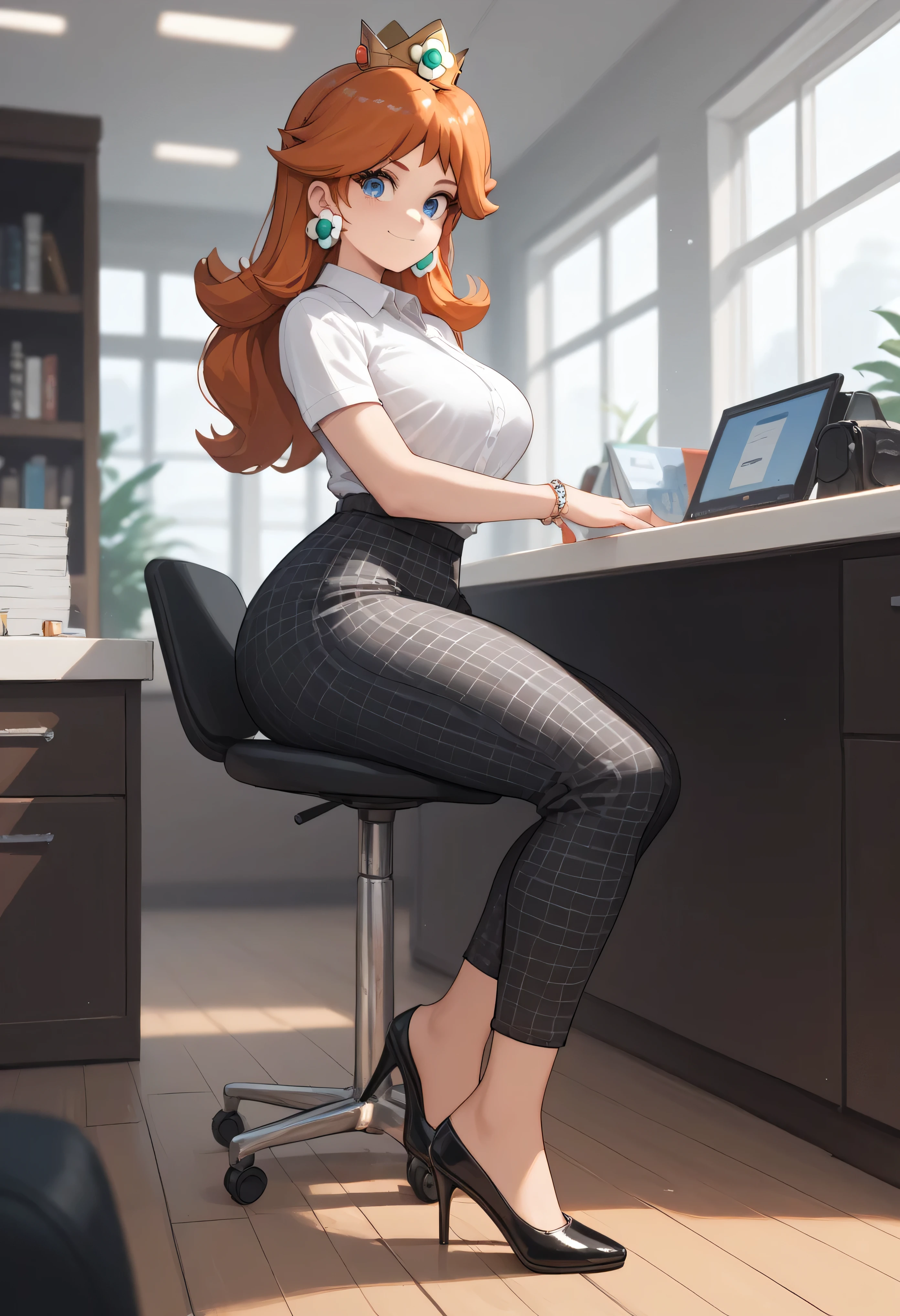 princess daisy, blue eyes, long hair, orange hair, wide hips, thighs, wearing a black short-sleeved shirt , tight checkered print office pants, black high heels