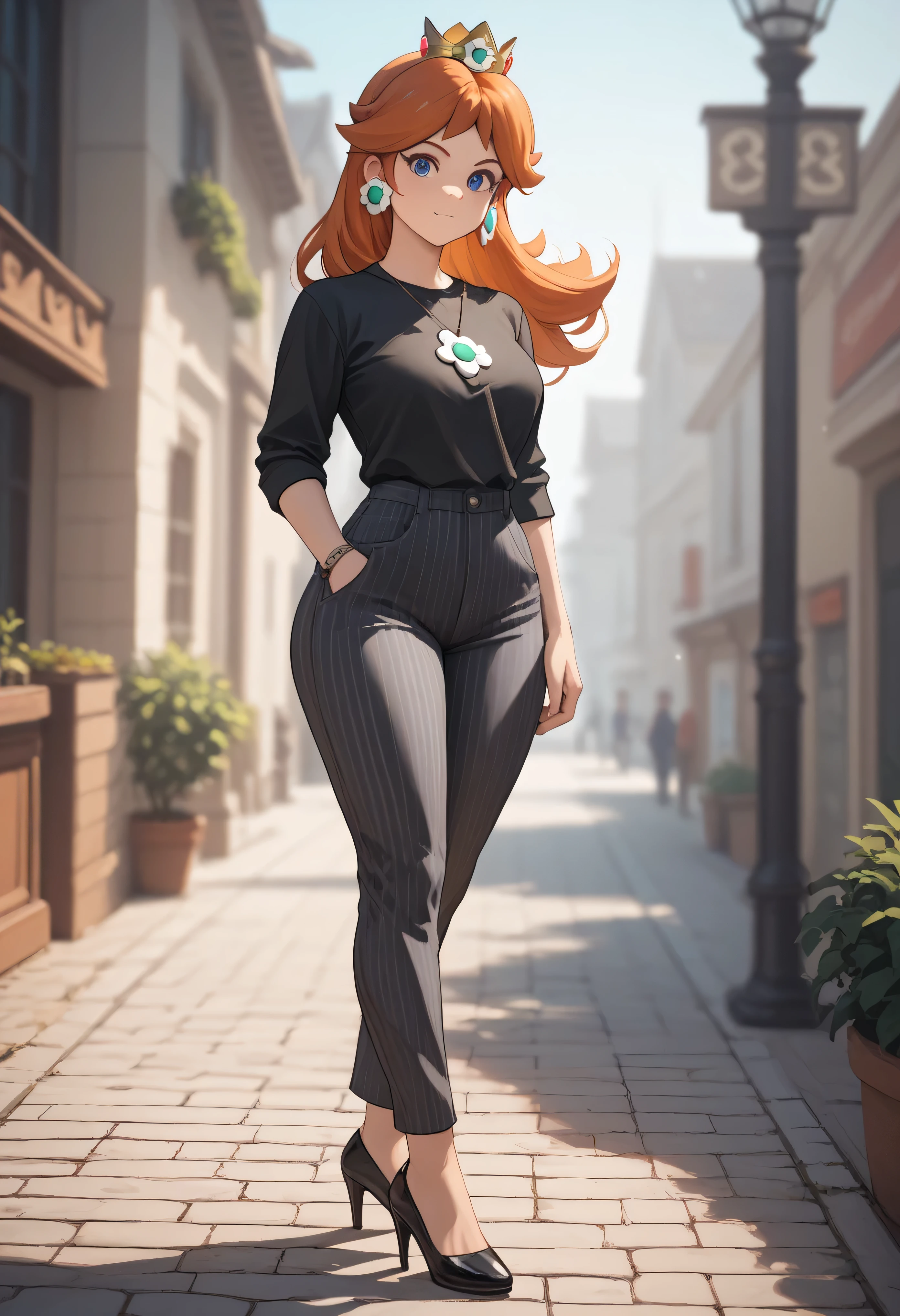 princess daisy, blue eyes, long hair, orange hair, wide hips, thighs, wearing a black short-sleeved shirt , pinstripe grey high-waisted trousers, black high heels