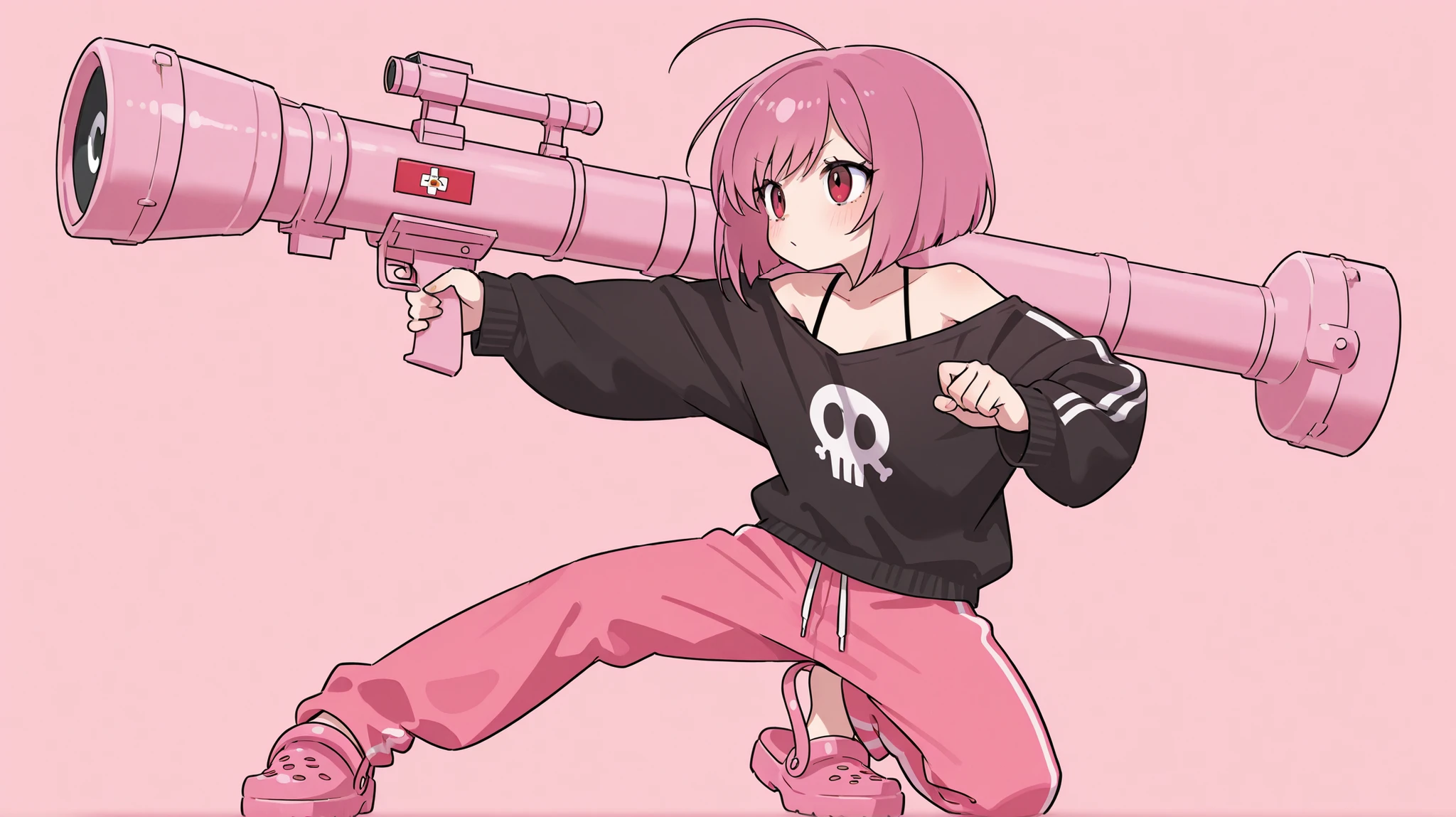 one girl。pink bob hair、plain black sweatshirt with open shoulders、 pink sweatpants。eyes of pink crocs are pink and patchy。pink crocs sandals。I'm holding a pink rocket launcher and trying to launch。The Face of Determination。
