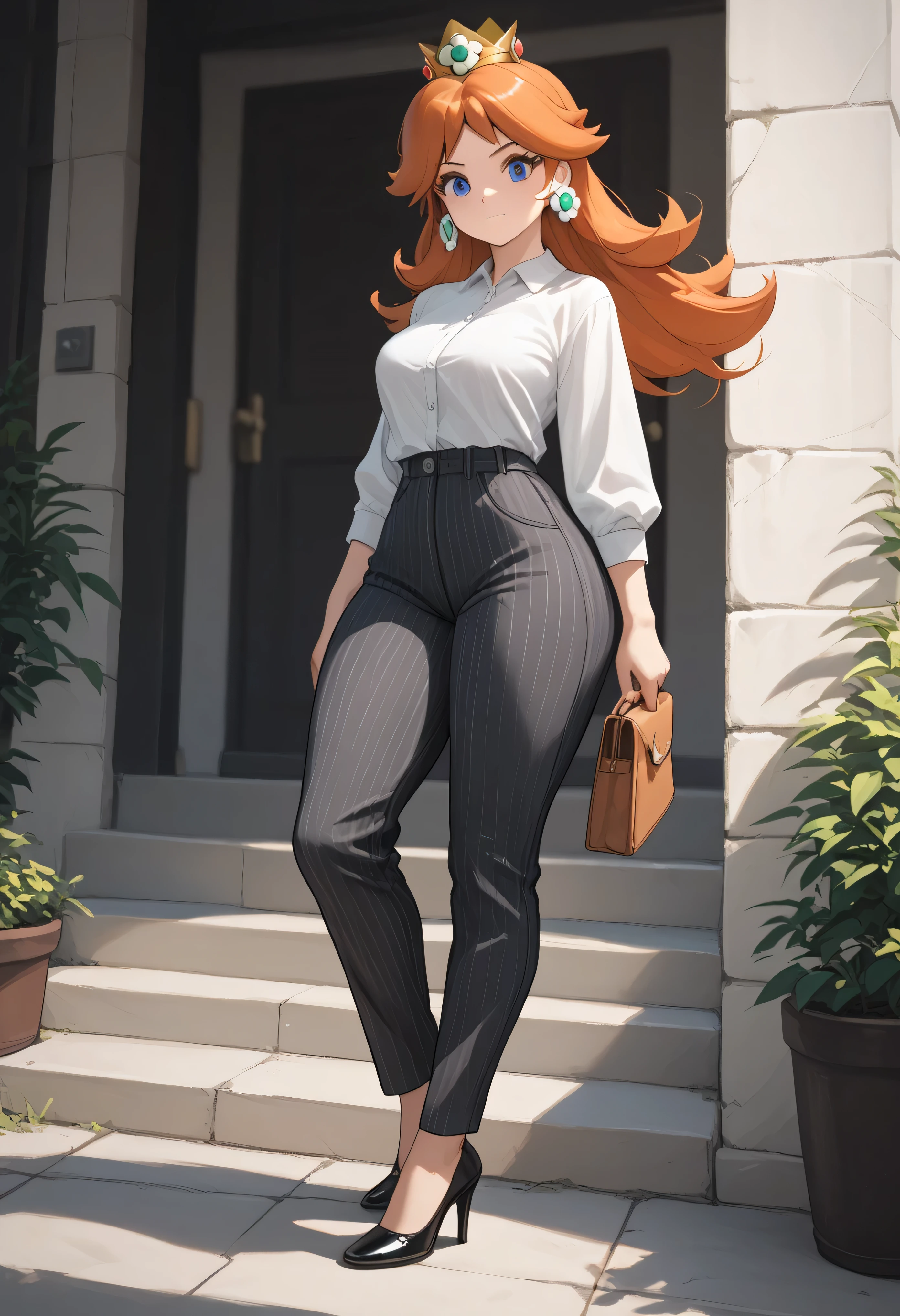 princess daisy, blue eyes, long hair, orange hair, wide hips, thighs, wearing a black short-sleeved shirt , pinstripe grey high-waisted trousers, black high heels