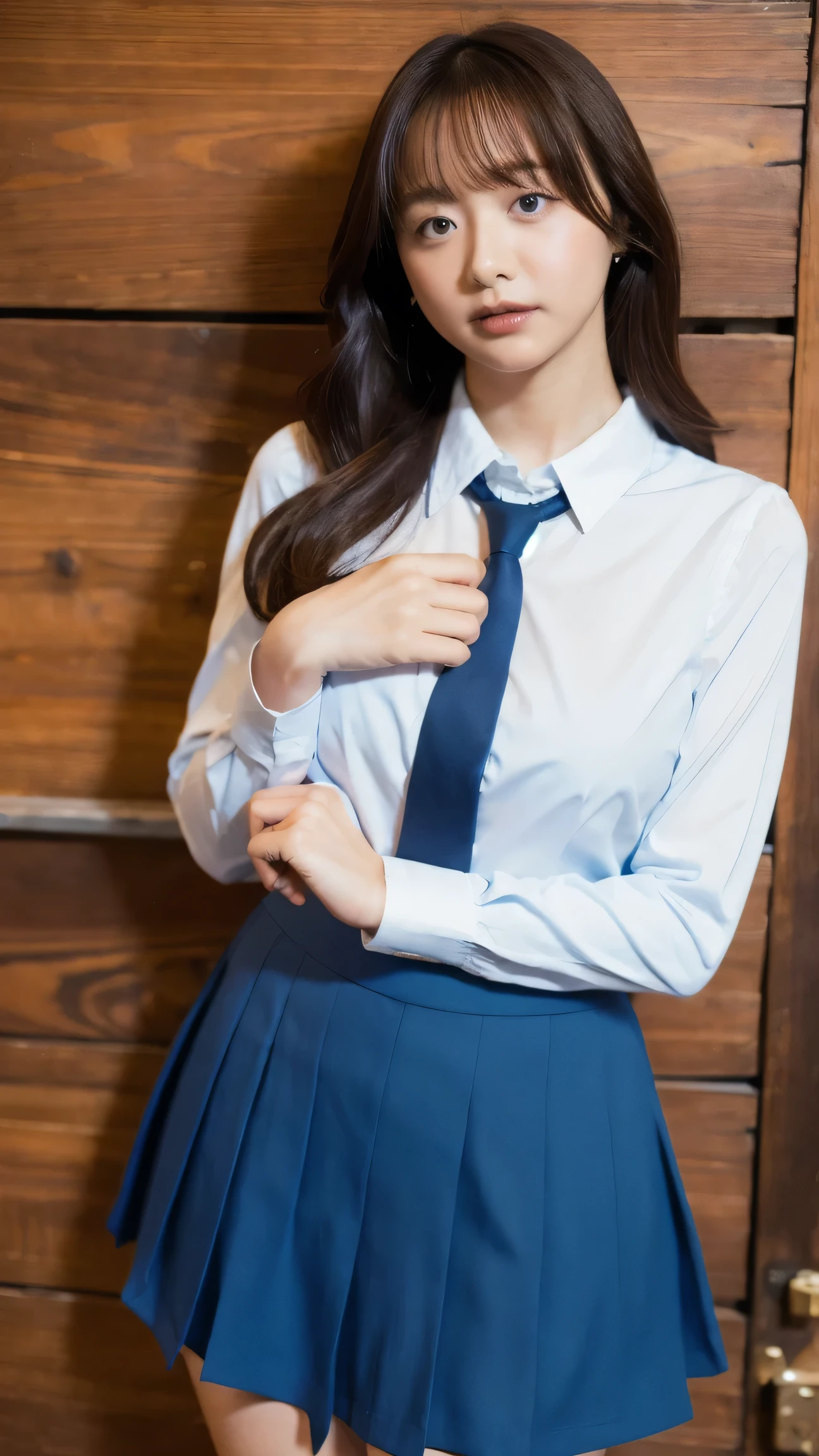 girl, high resolution, chest, 大きなchest, legs out of frame, high school girl uniform(White collar shirt、 blue skirt)