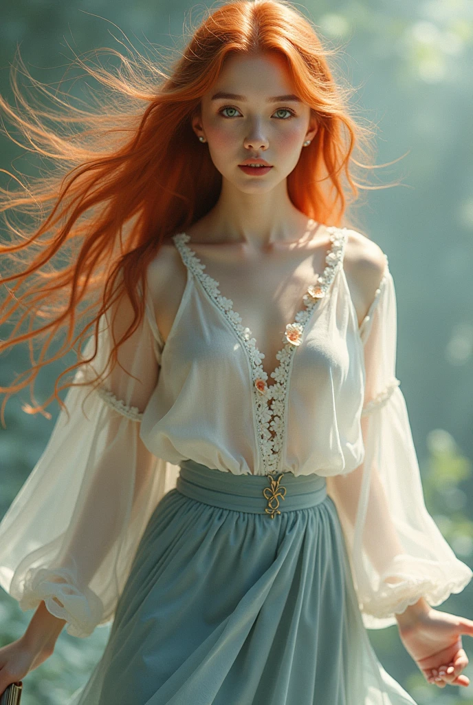 Young redhead woman, Linda. greeneyes. Light blue dress with white lace and a white wolf fur coat. medieval style