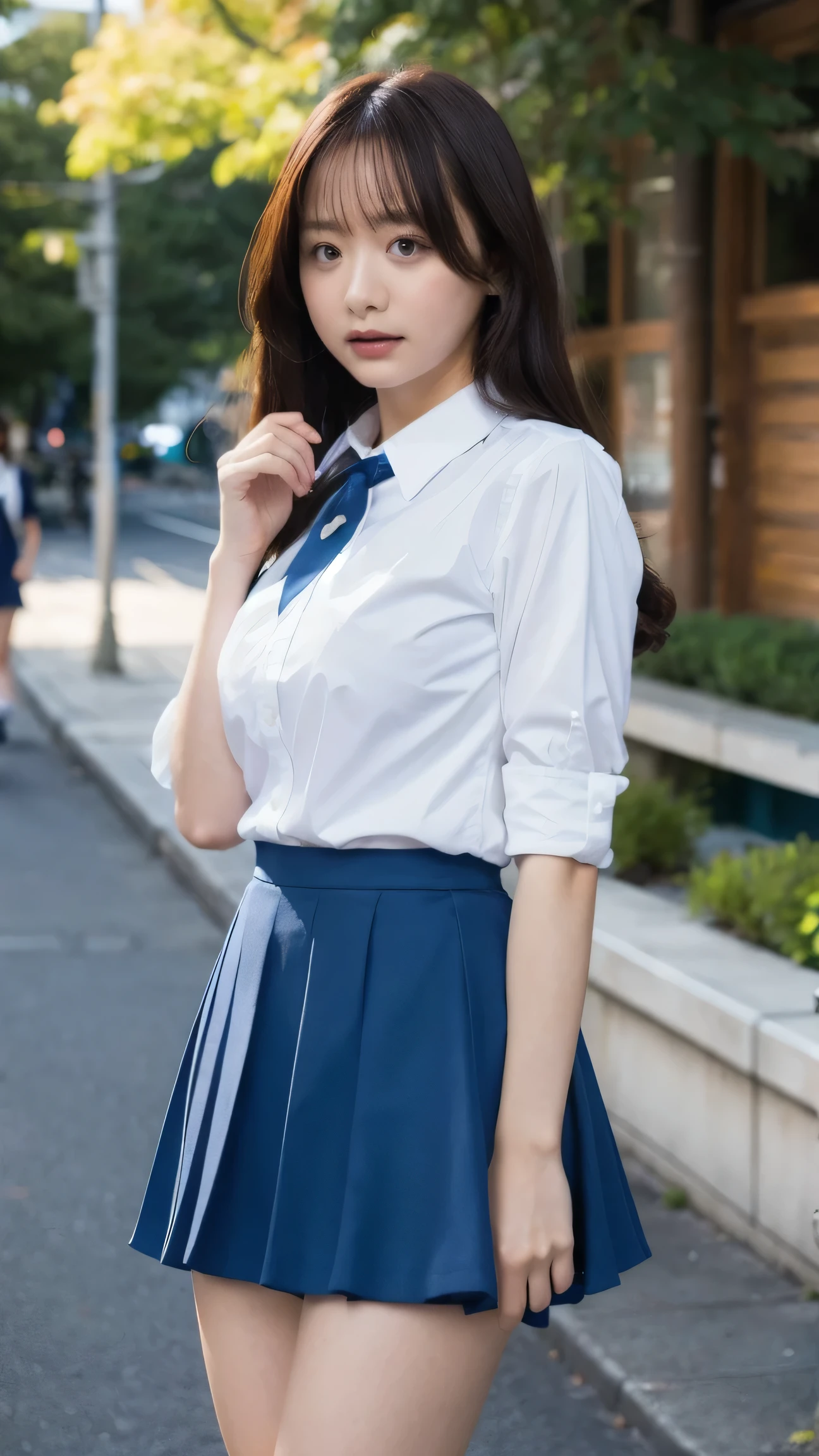 Best-quality, Masterpiece, Ultra-High-Resolution, (Photorealistic:1.4), Raw-Photo, Extremely-Details, Perfect-Anatomy,
at school playground in autumn,
1girl, 15-years-old, the most popular Japanese idol, cowboy-shot, ((wearing only Japanese sailor-style school uniform and navy pleated skirt)), looking at viewer, innocent smile, upturned ass,
extremely cute face like a most famous Japanese idol, extremely beautiful big
black solid circle eyes, extremely beautiful long eyelashes, extremely beautiful lips, extremely beautiful black short cut haired, extremely beautiful body, extremely beautiful hip,
detailed cute face, detailed beautiful big black solid circle eyes, detailed beautiful long eyelashes, detailed beautiful lips, detailed beautiful black short cut haired, detailed beautiful body, detailed beautiful hip, (detailed Japanese sailor-style school uniform, detailed navy pleated skirt)