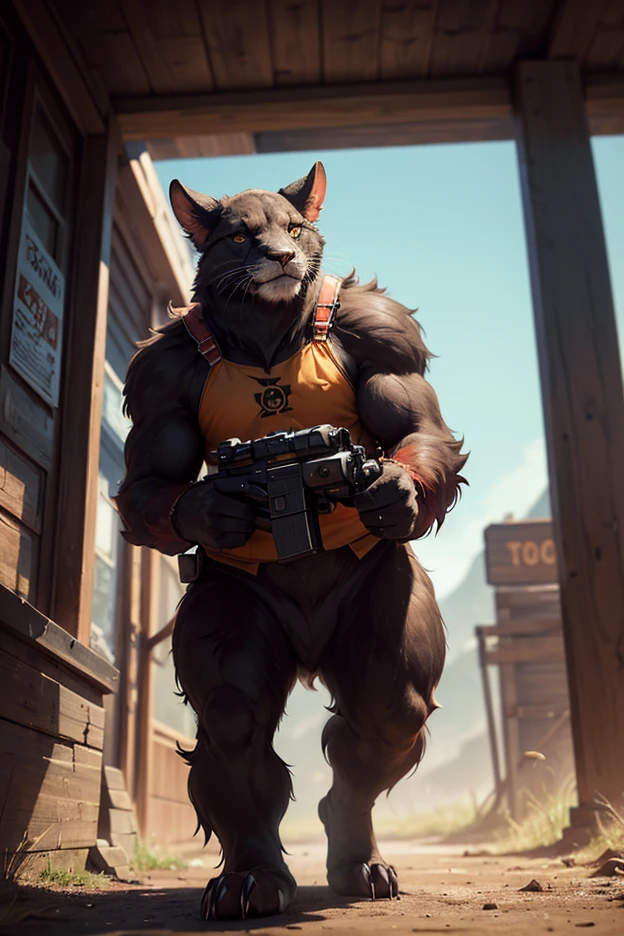 Solo, male, medium muscular, german shepherd, dog, biker, hairy chest, furry chest hair, shirtless, leather vest, blue jeans, leather chest harness, gun holster, gun, leather fingerless gloves, combat boots, boots, cigar, cigar in mouth, nipple piercing ((focus body, furry focus, shades focus, body shades)) nice body, standing, holding a large caliber pistol, desert eagle, .50 handgun, aiming gun, aiming at viewer, armpit, armpit hair, bulge, groping bulge, left hand on bulge, touching crotch, nsfw, model, light, shades, 4k, high quality ((( gun range background, inside))), by darkgem, by mystikfox61