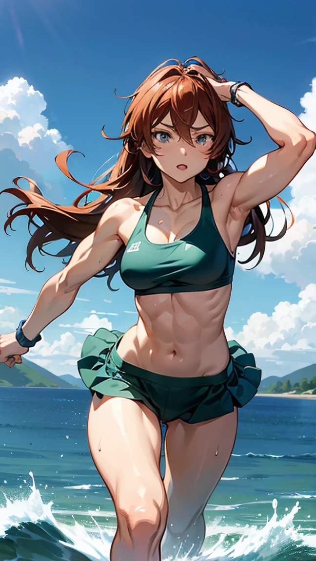 Beautiful fitness girl,There are four abdominal muscles,Muscles on the arms,But still very slim,plump,No underwear,A piece of cloth wrapped around the chest,Green eyes,Long dark brown hair,Holding a bottle of water in his hand,Smile,White background painting,One long hair,Green shorts